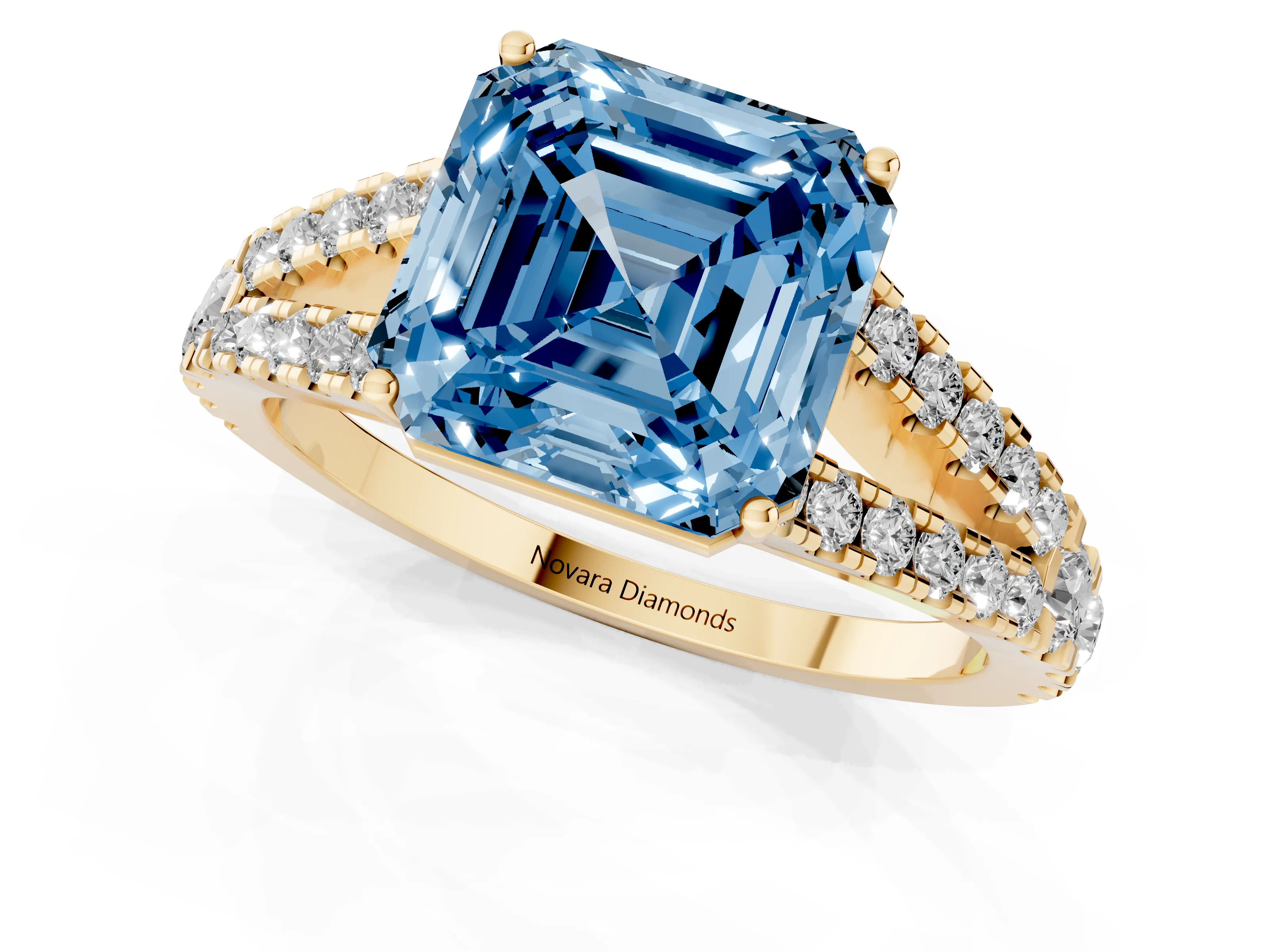 Fancy Blue Asscher Cut Diamond Split Shank Pavé Engagement Ring Set in Yellow gold with Prong-Held Center Stone