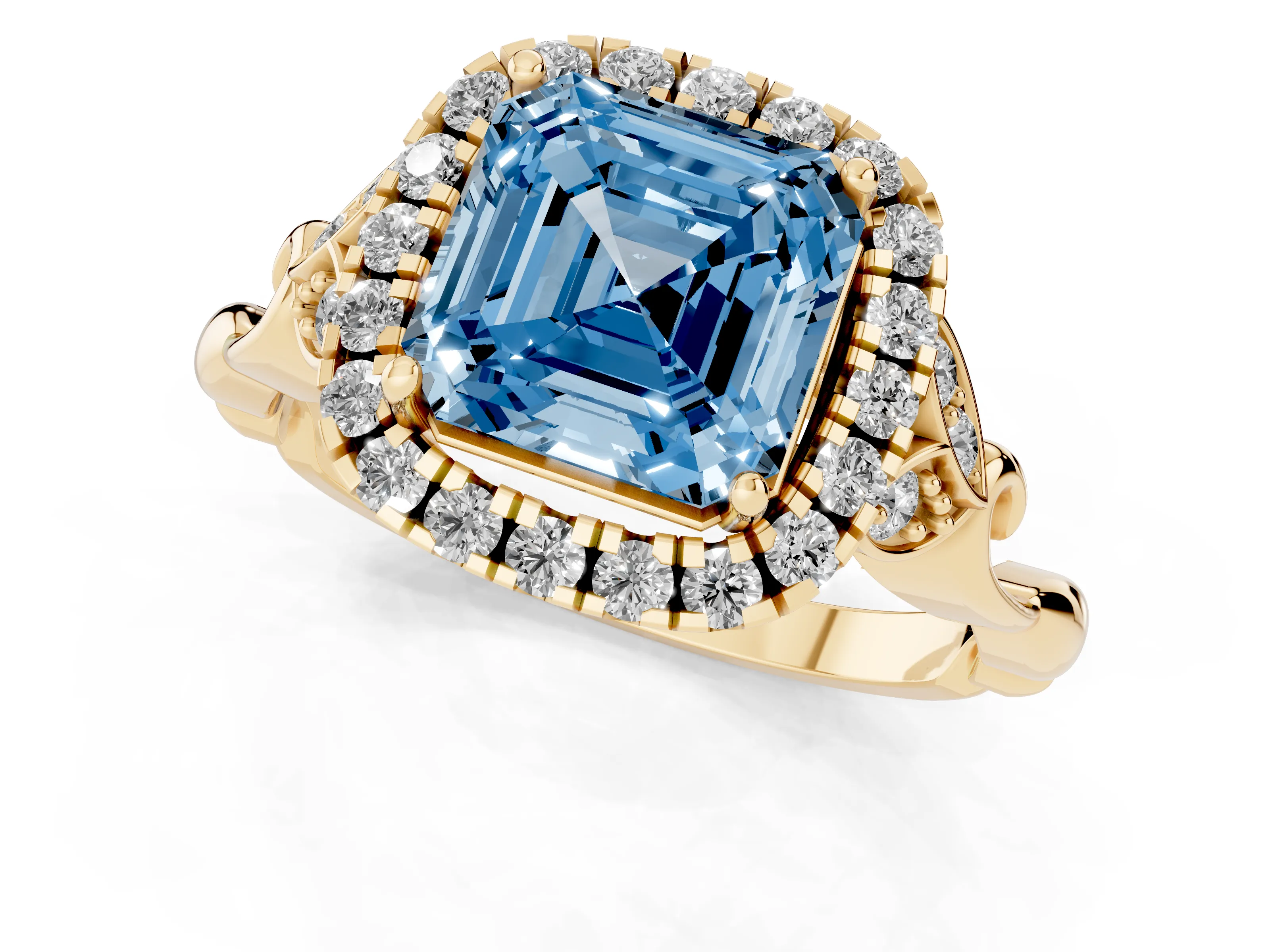 Fancy Blue Asscher Cut Diamond Halo Engagement Ring Set in Yellow gold with Vintage-Inspired Band and Prong Setting