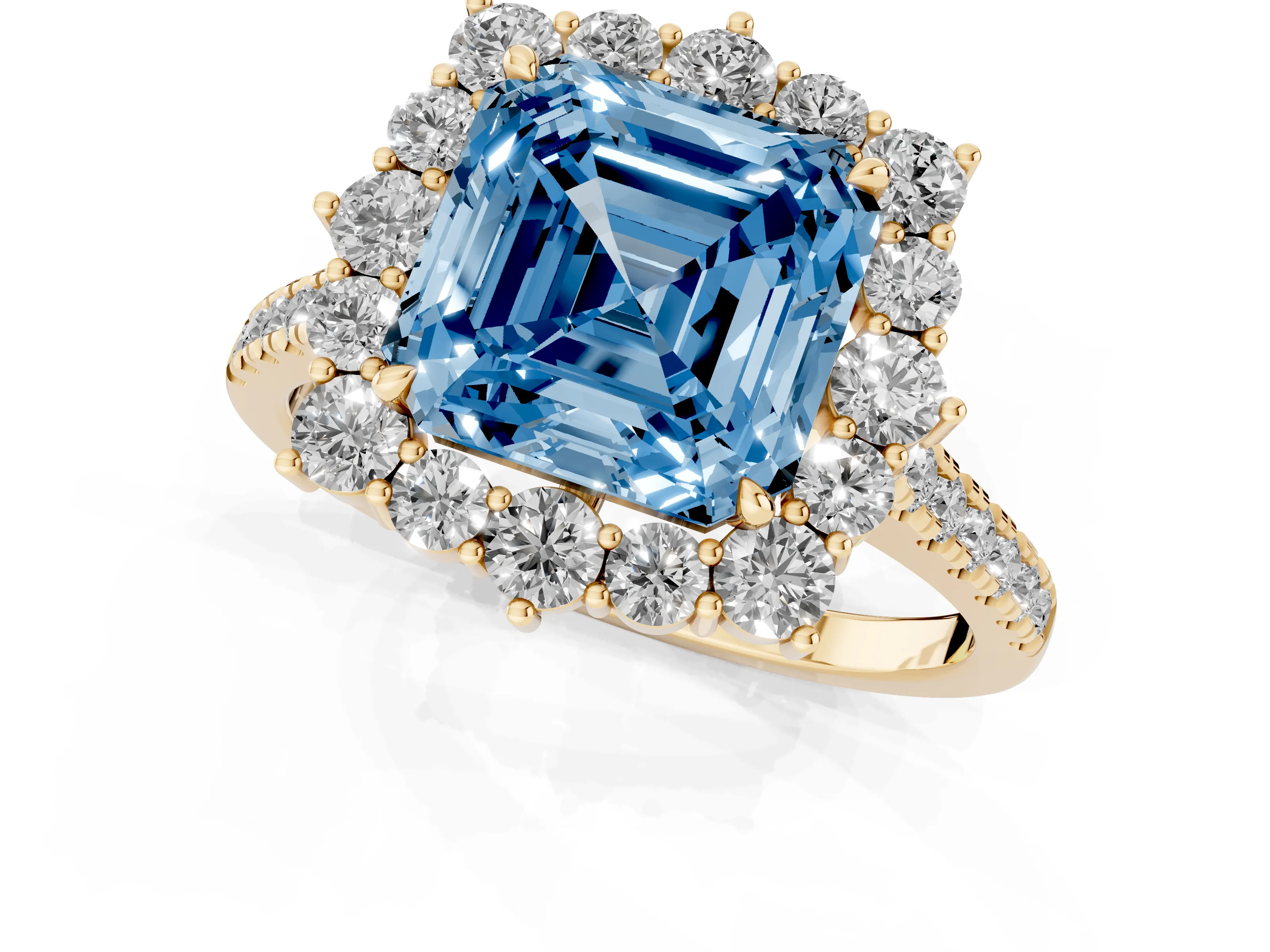 Fancy Blue Asscher Cut Diamond Halo Ring Set in Yellow gold with Pavé Band and Prong Setting