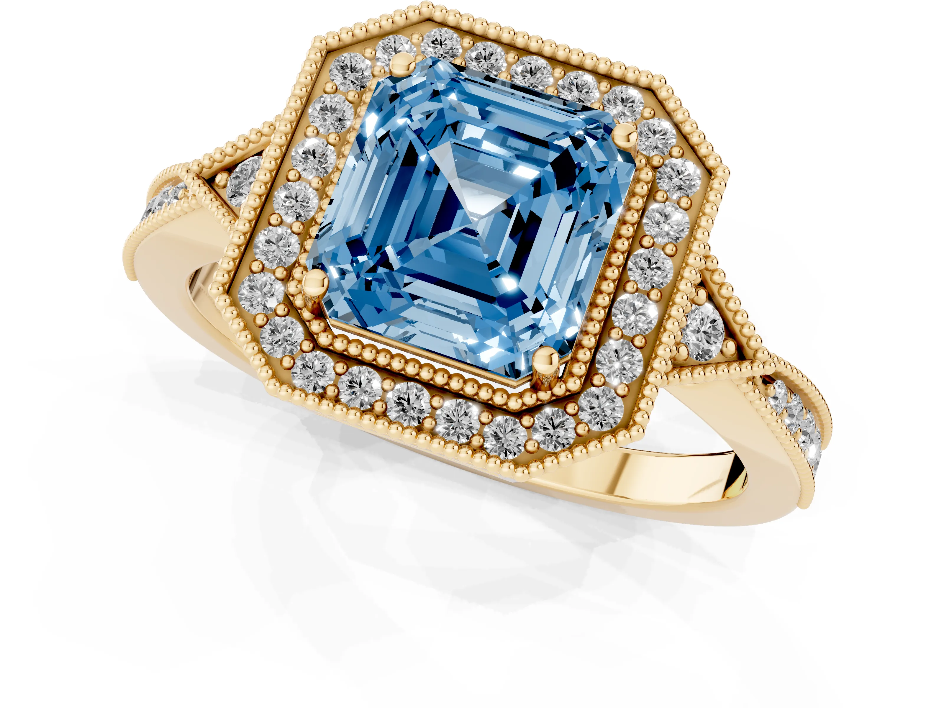 Fancy Blue Asscher Cut Diamond Halo Engagement Ring Set in Yellow gold with Milgrain Pavé Band