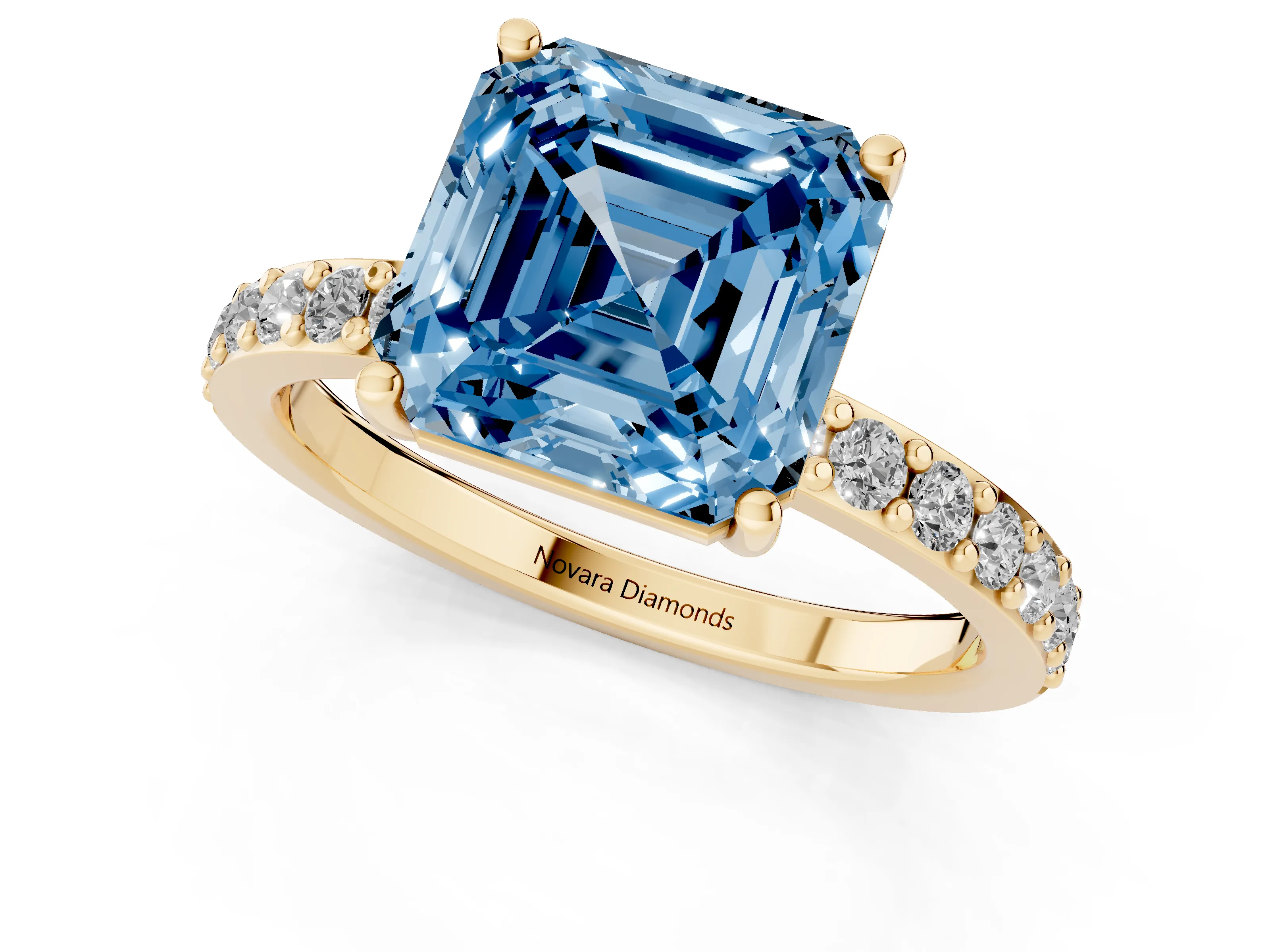 Fancy Blue Asscher Cut Diamond Solitaire Set in Yellow gold with Round Pavé Band and Prong Setting