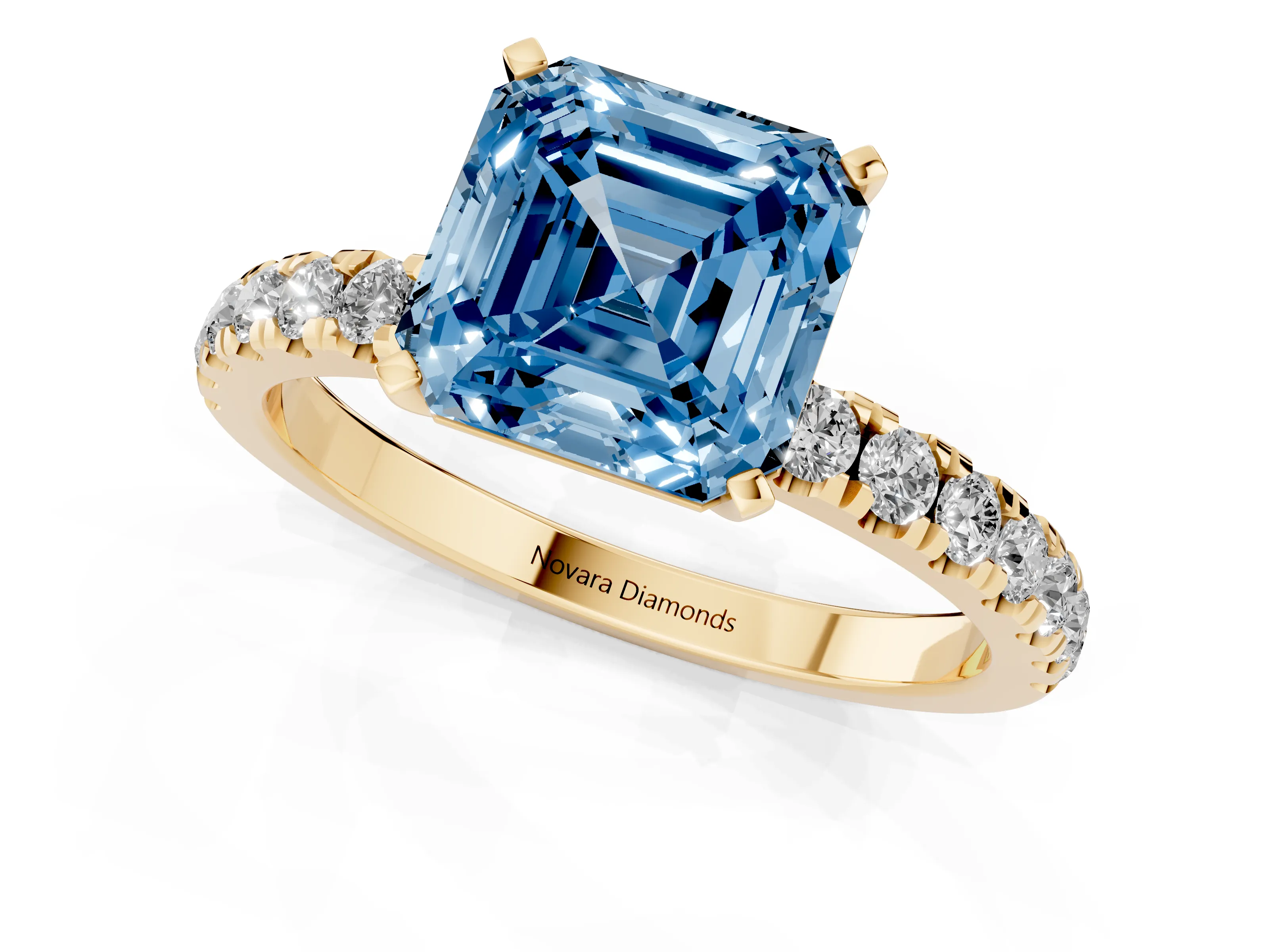 Fancy Blue Asscher Cut Diamond Solitaire Ring Set in Yellow gold with Pavé Accents and Prong Setting