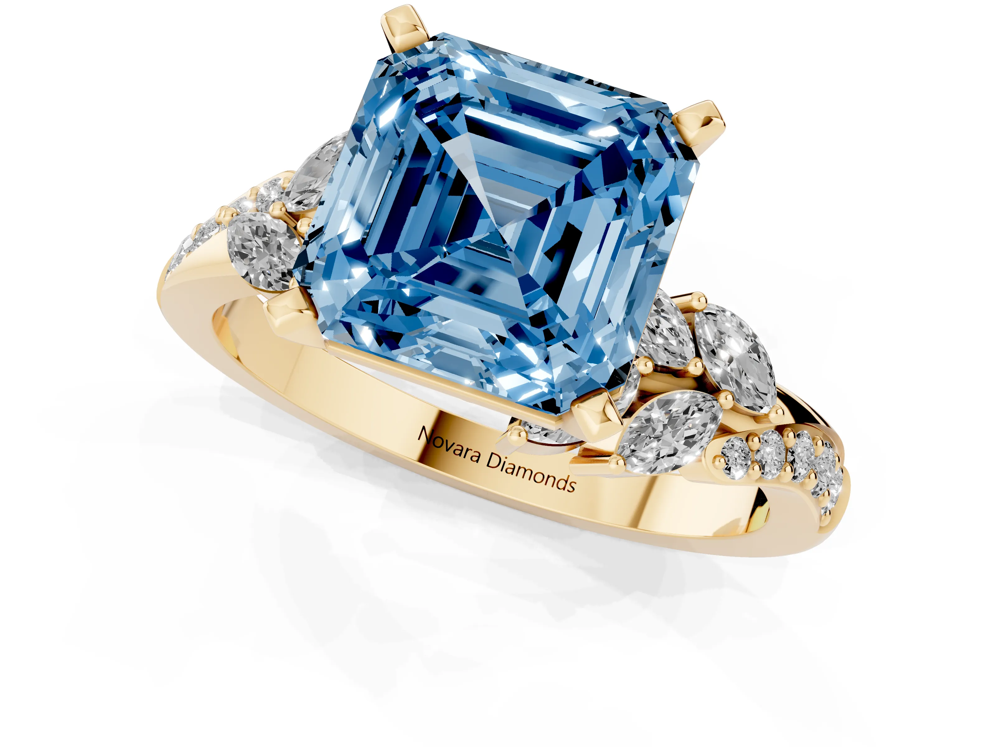 Fancy Blue Asscher Cut Diamond Solitaire Ring Set in Yellow gold with Marquise Twist Band and Prong Setting