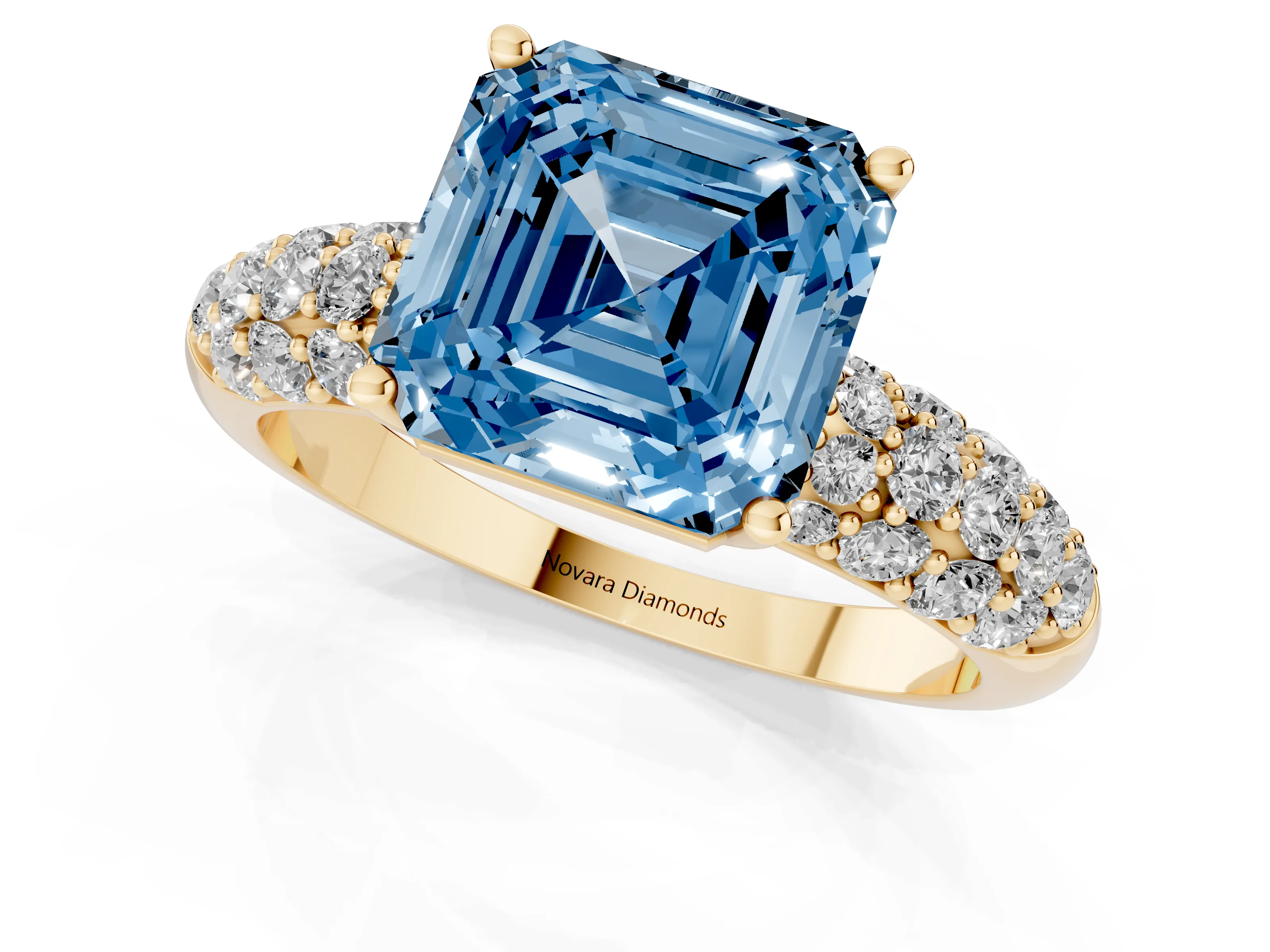 Fancy Blue Asscher Cut Diamond Pavé Band Solitaire Ring Set in Yellow gold with Close-Set Accent Stones and Prong Setting