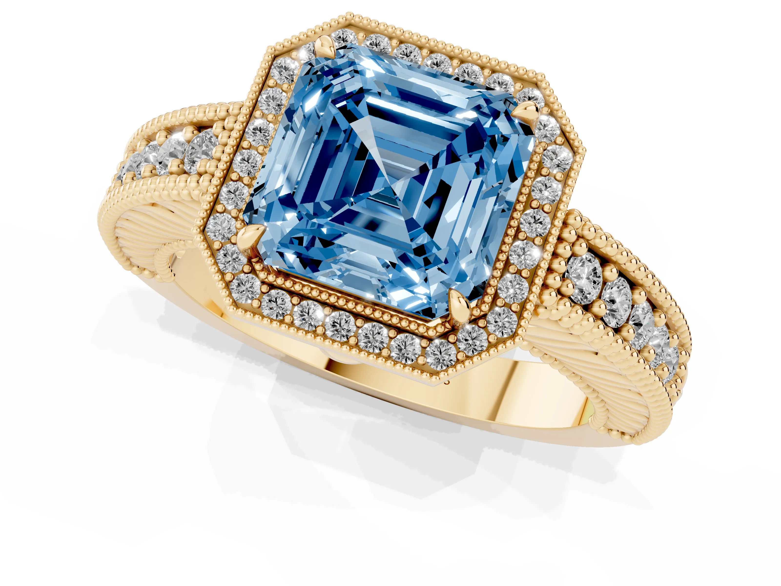 Fancy Blue Asscher Cut Diamond Halo Ring Set in Yellow gold with Round Accent Halo, Pavé Band and Prong Setting
