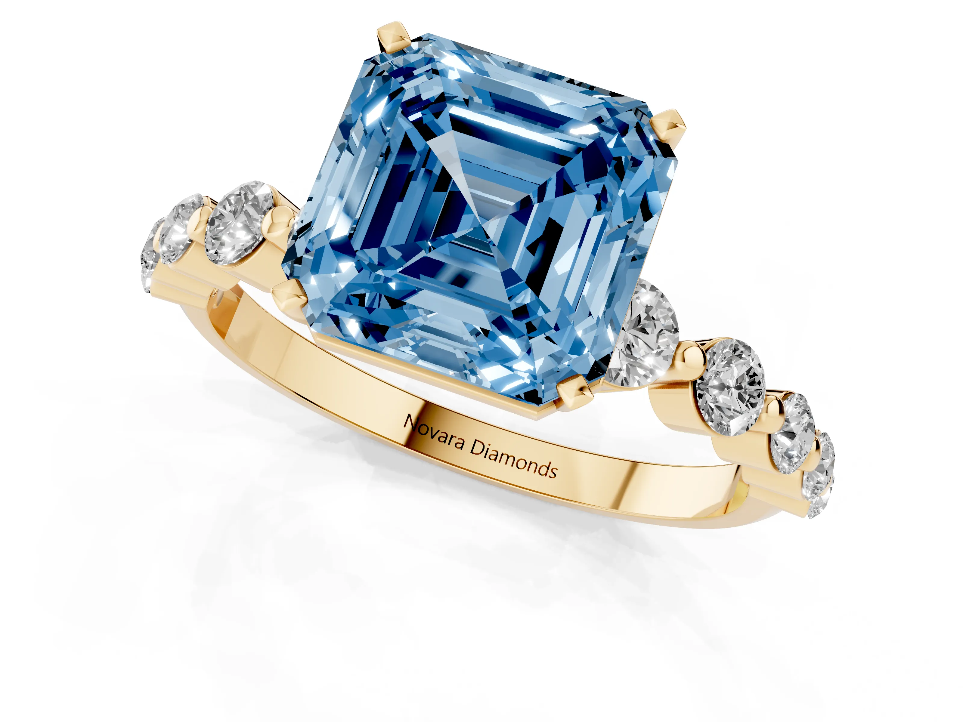 Fancy Blue Asscher Cut Diamond Solitaire Ring Set in Yellow gold with Pavé Band and Prong Setting