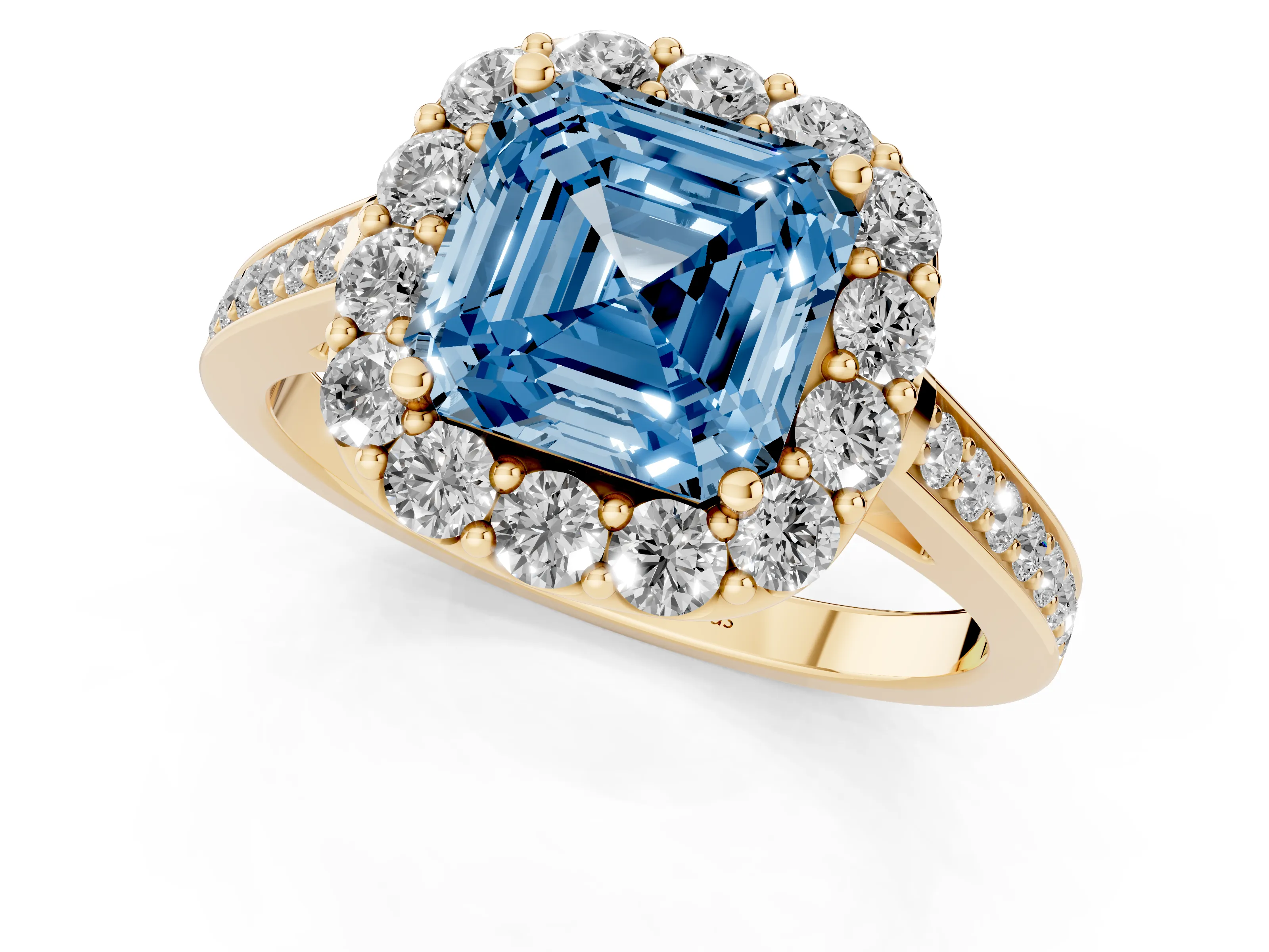 Fancy Blue Asscher Cut Diamond Floral Halo Ring Set in Yellow gold with Pavé Band and Prong Setting