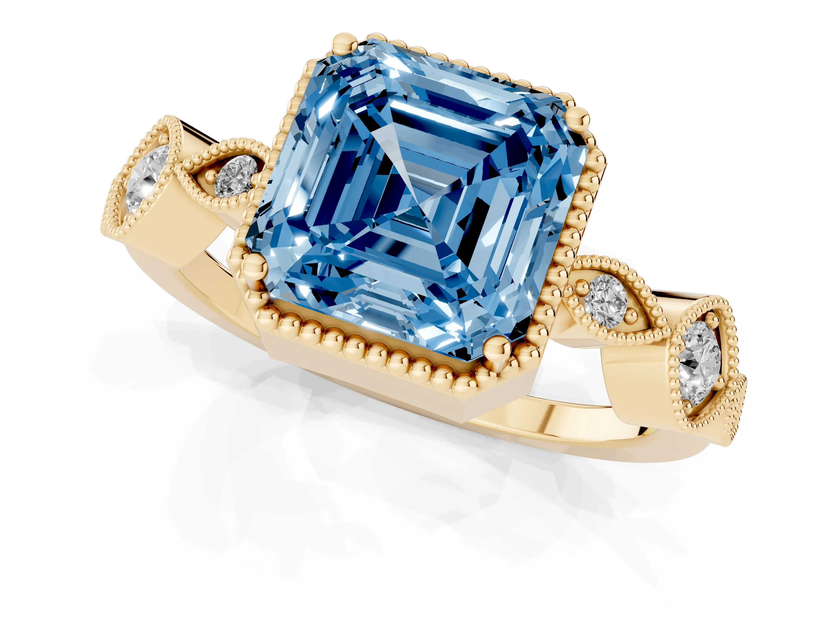 Fancy Blue Asscher Cut Diamond Vintage-Inspired Milgrain Ring Set in Yellow gold with Marquise Stations of Round Accents