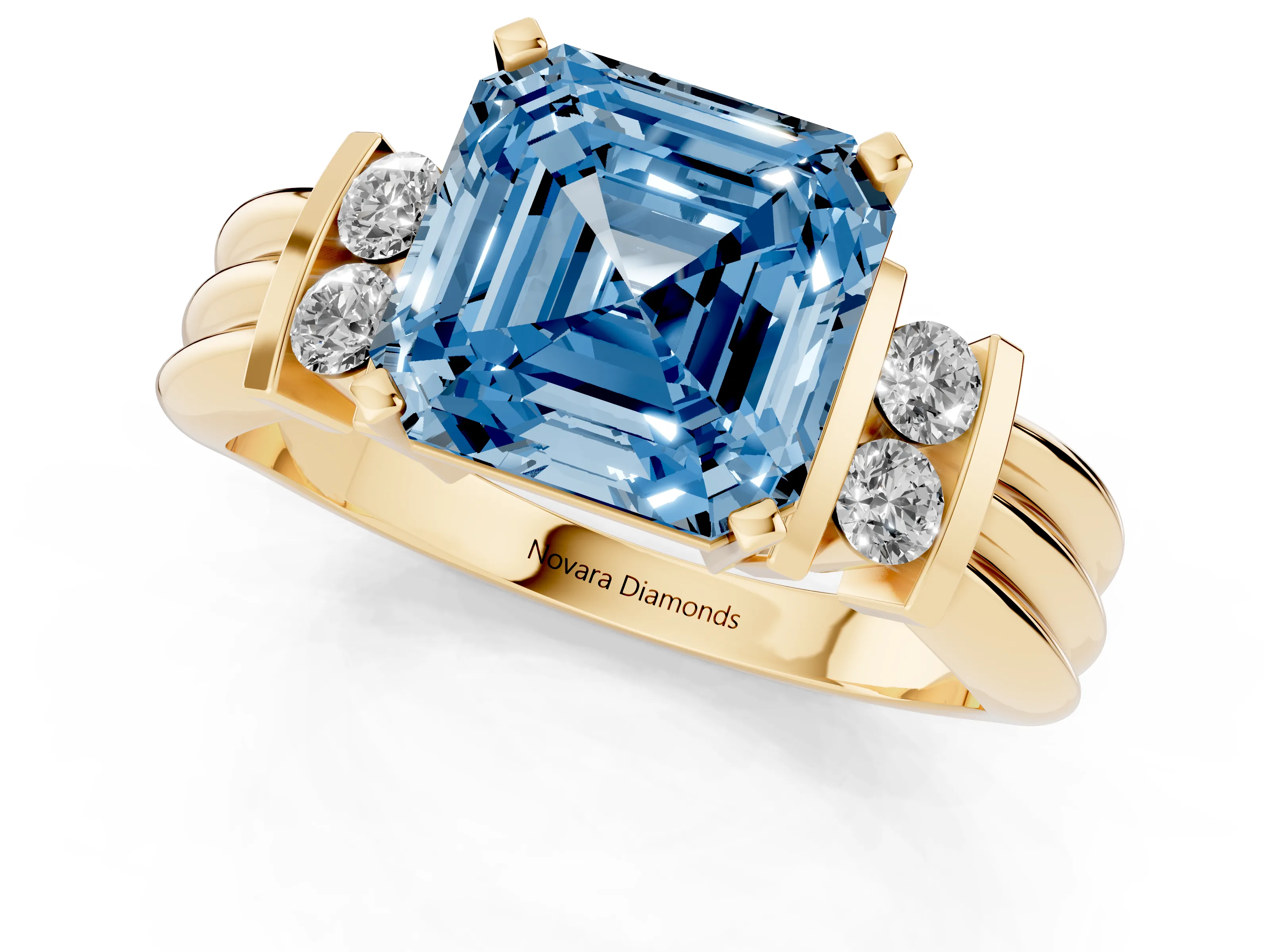 Fancy Blue Three-Stone Asscher Cut Diamond Channel Set Ring Set in Yellow gold with Bar Prongs