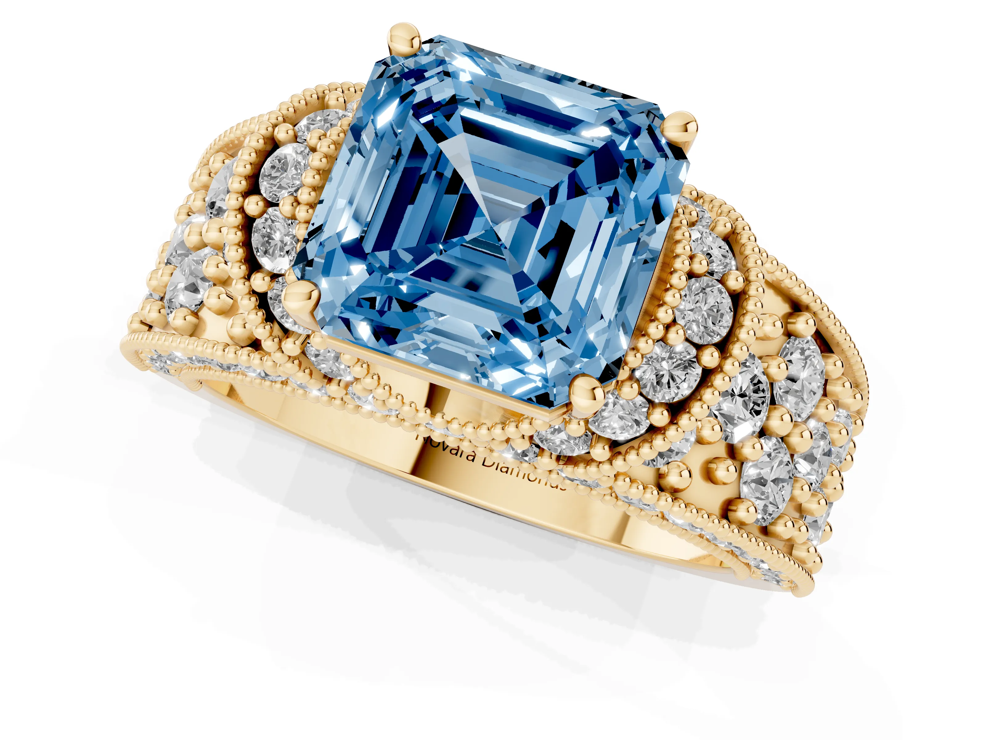 Fancy Blue Asscher Cut Diamond Milgrain Halo Pavé Engagement Ring Set in Yellow gold with Prong Setting