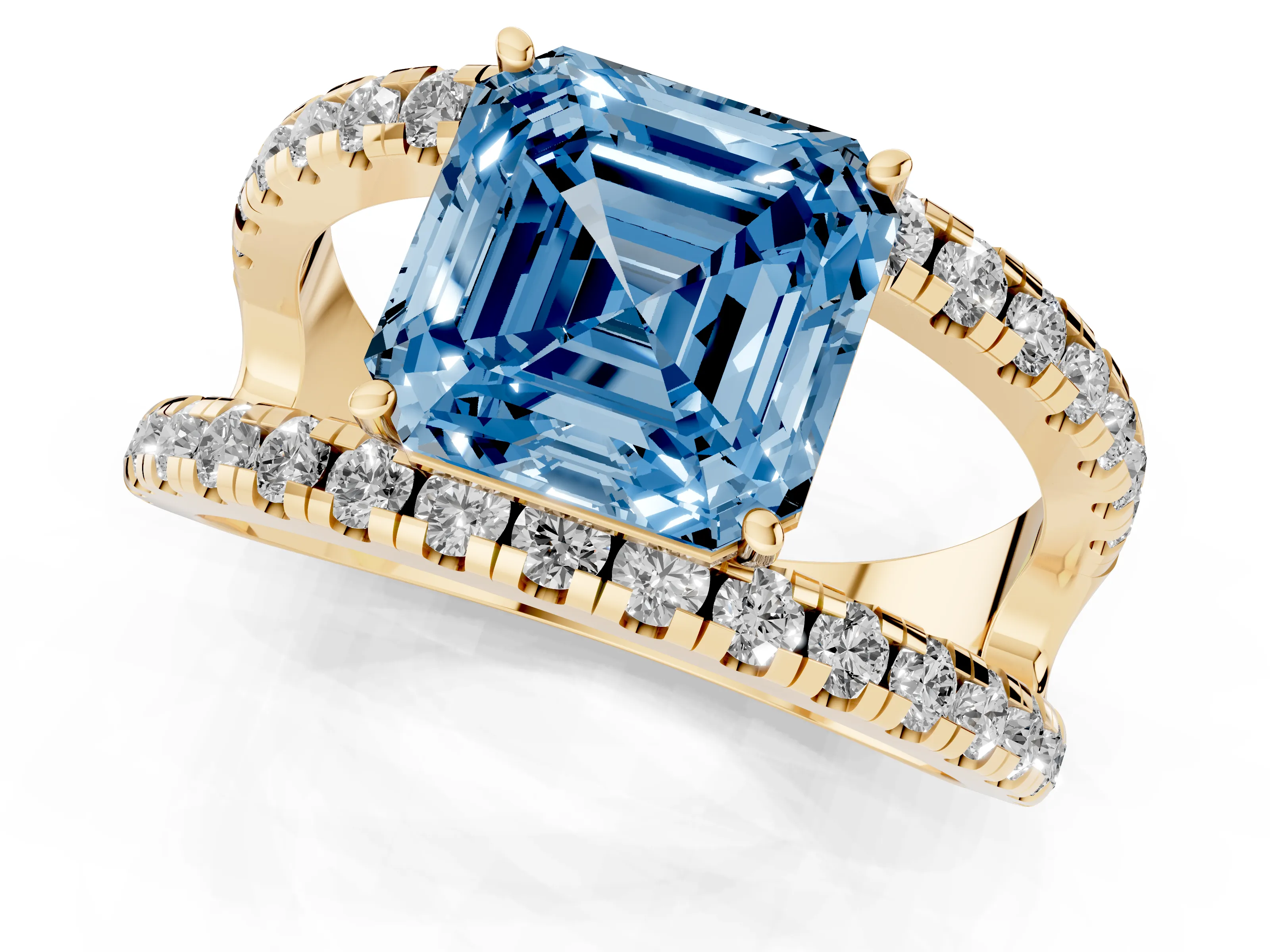 Fancy Blue Asscher Cut Diamond Split Shank Pavé Solitaire Ring Set in Yellow gold with Open Shank Design