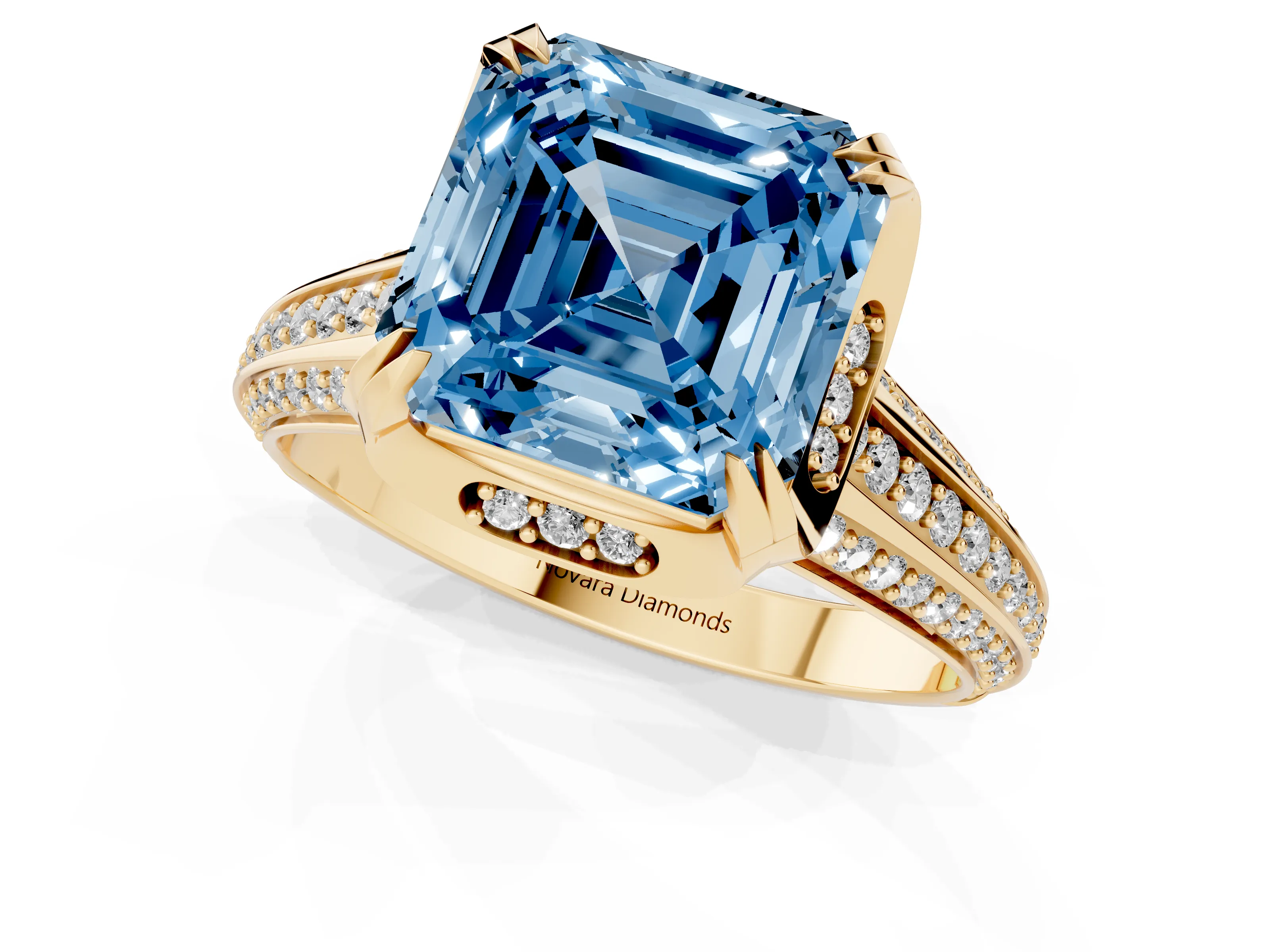 Fancy Blue Asscher Cut Diamond Pavé Split Shank Solitaire Ring Set in Yellow gold with Prong Setting