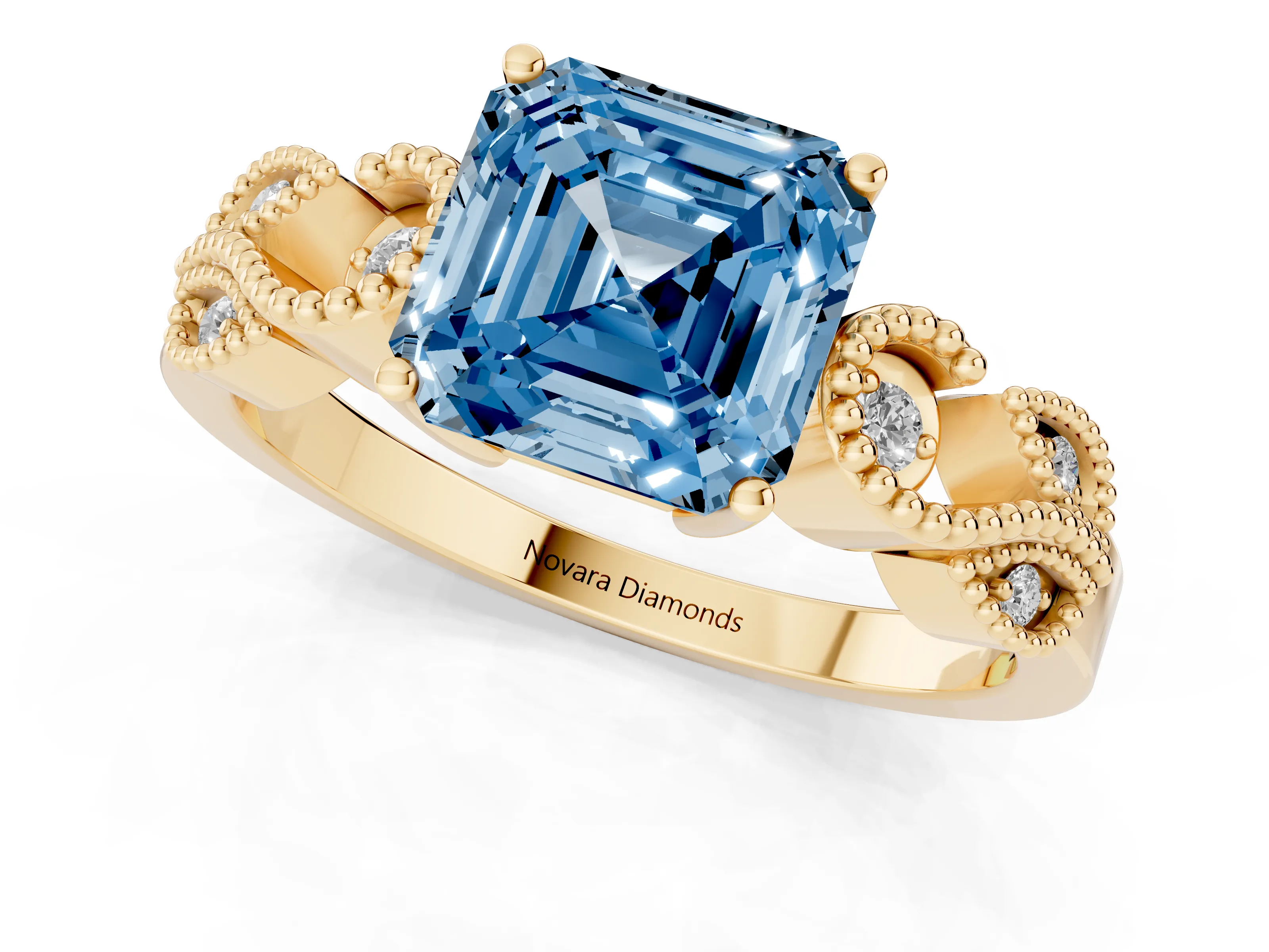 Fancy Blue Asscher Cut Diamond Milgrain Leaf Band Solitaire Ring Set in Yellow gold with Accent Stones and Prong Setting