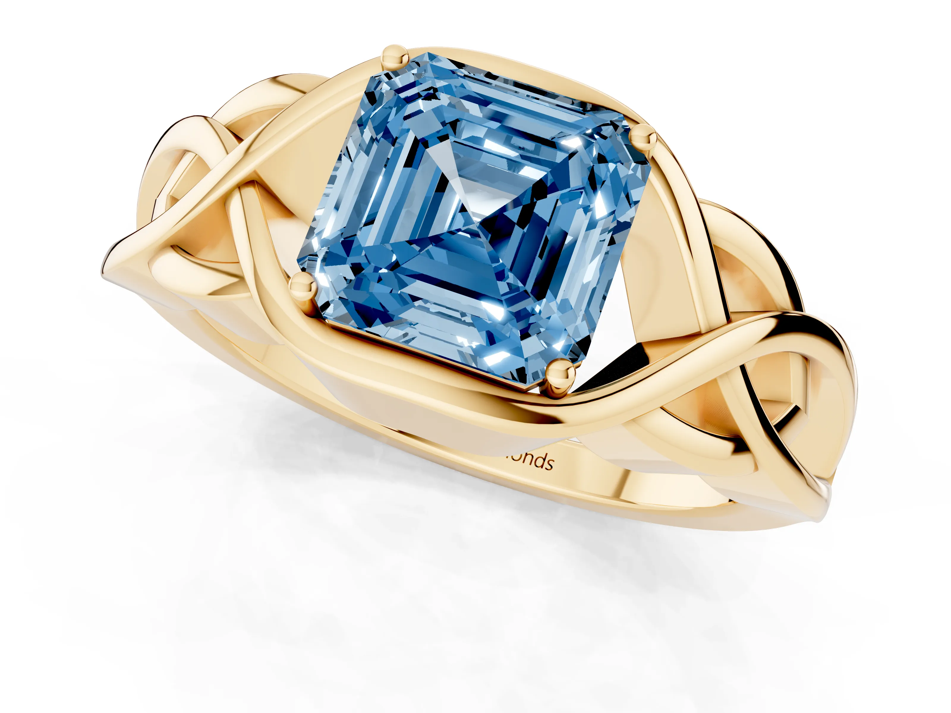 Fancy Blue Asscher Cut Diamond Solitaire Ring Set in Yellow gold with Intertwined Band
