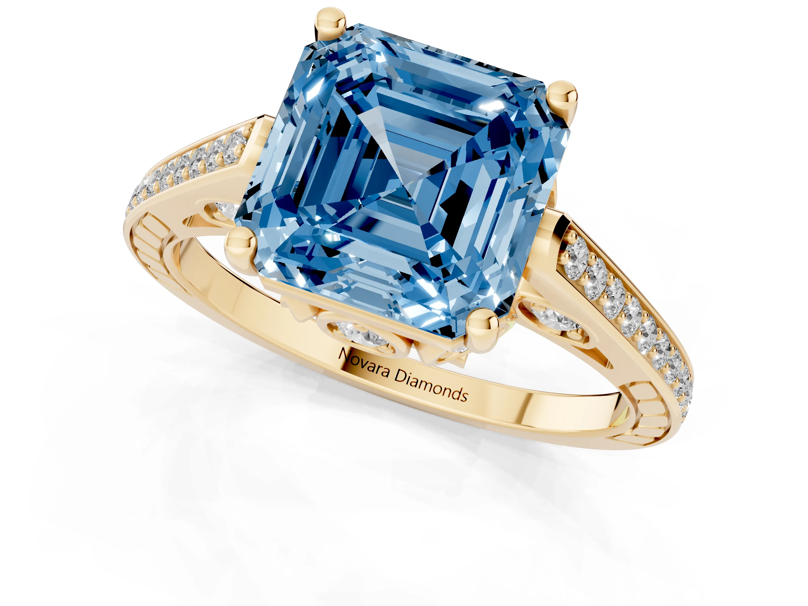 Fancy Blue Asscher Cut Diamond Cathedral Pavé Engagement Ring Set in Yellow gold with Prong Setting