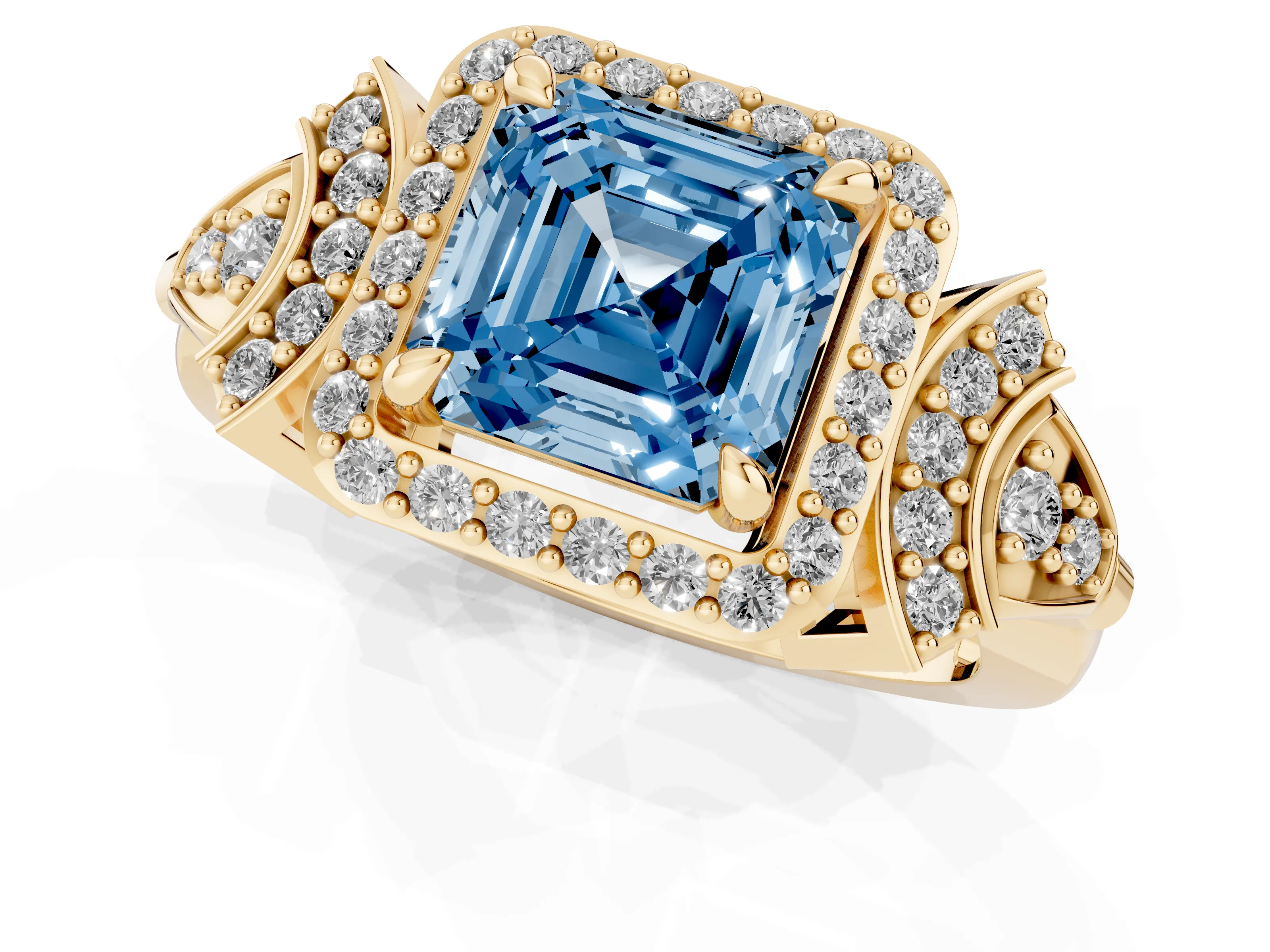 Fancy Blue Asscher Cut Diamond Halo Engagement Ring Set in Yellow gold with Accent Stone Split Shank