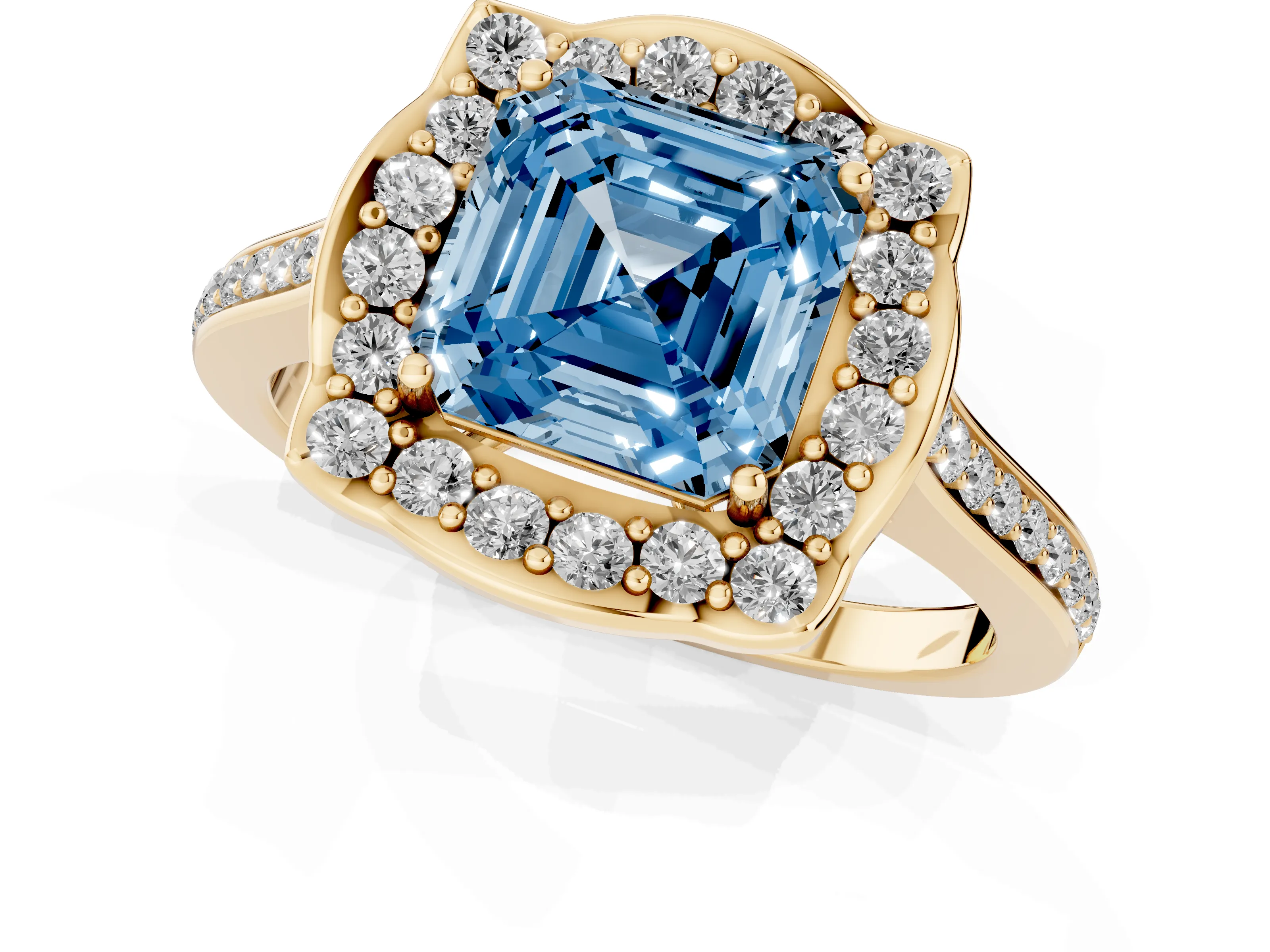 Fancy Blue Asscher Cut Diamond Halo Ring Set in Yellow gold with Pavé-Lined Shoulders and Prong Setting