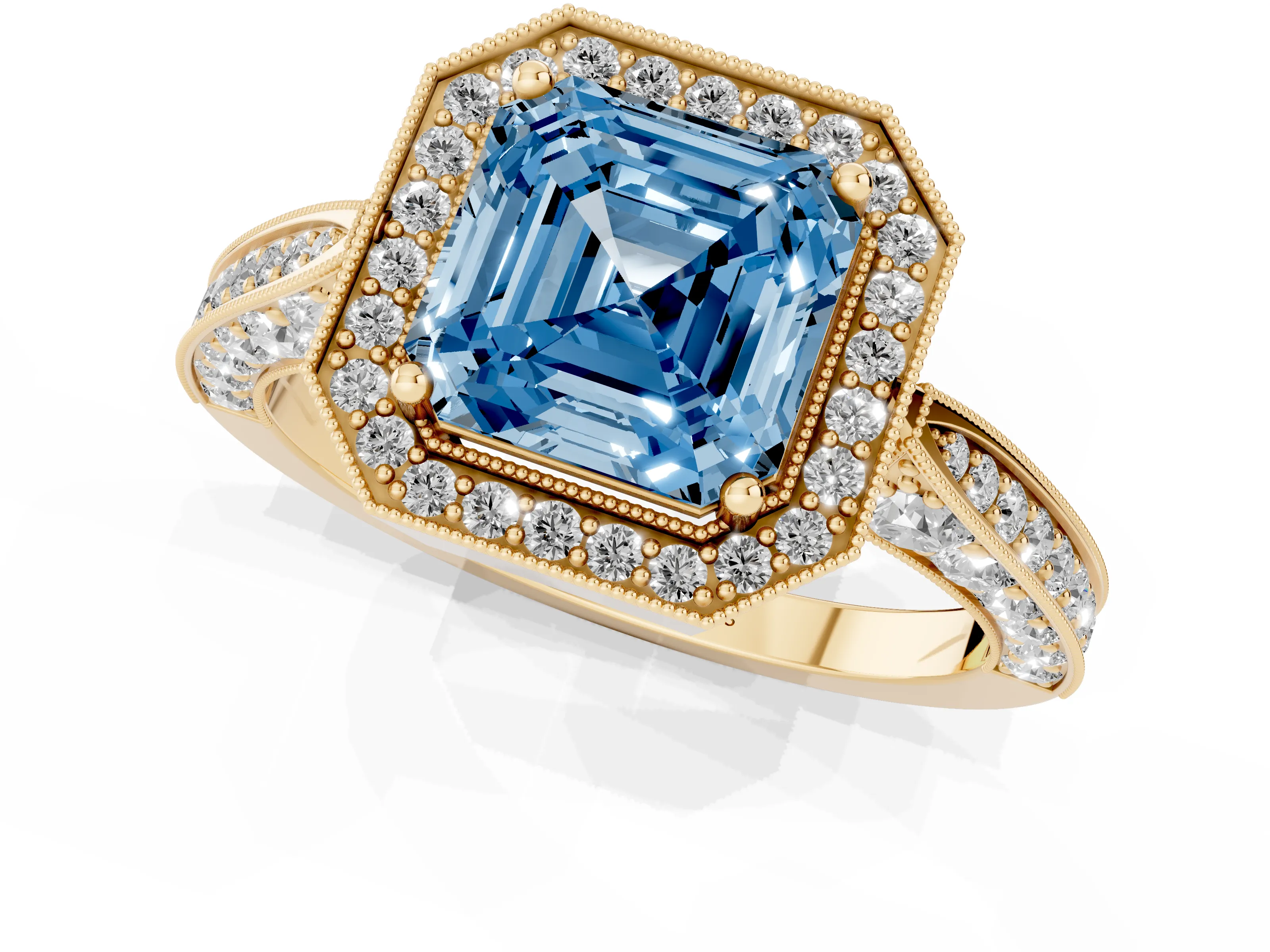 Fancy Blue Asscher Cut Diamond Halo Engagement Ring Set in Yellow gold with Accent Split Shank Band