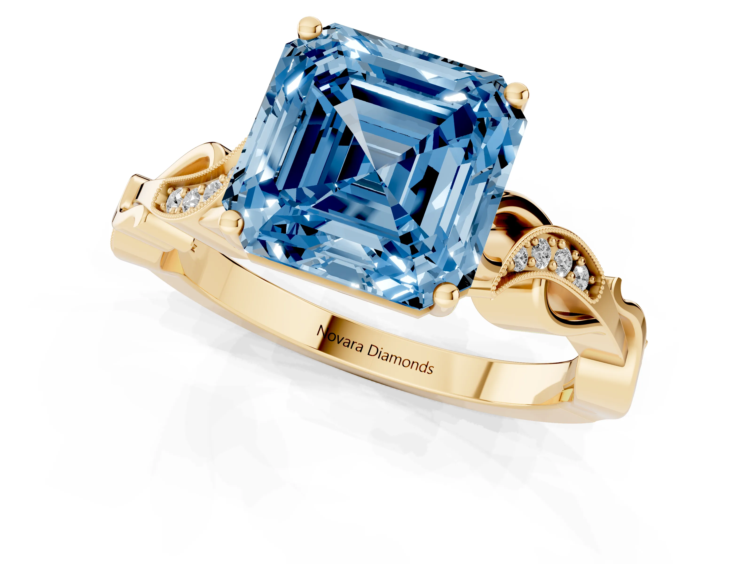Fancy Blue Asscher Cut Diamond Vine Band Solitaire Ring Set in Yellow gold with Milgrain Prong Setting
