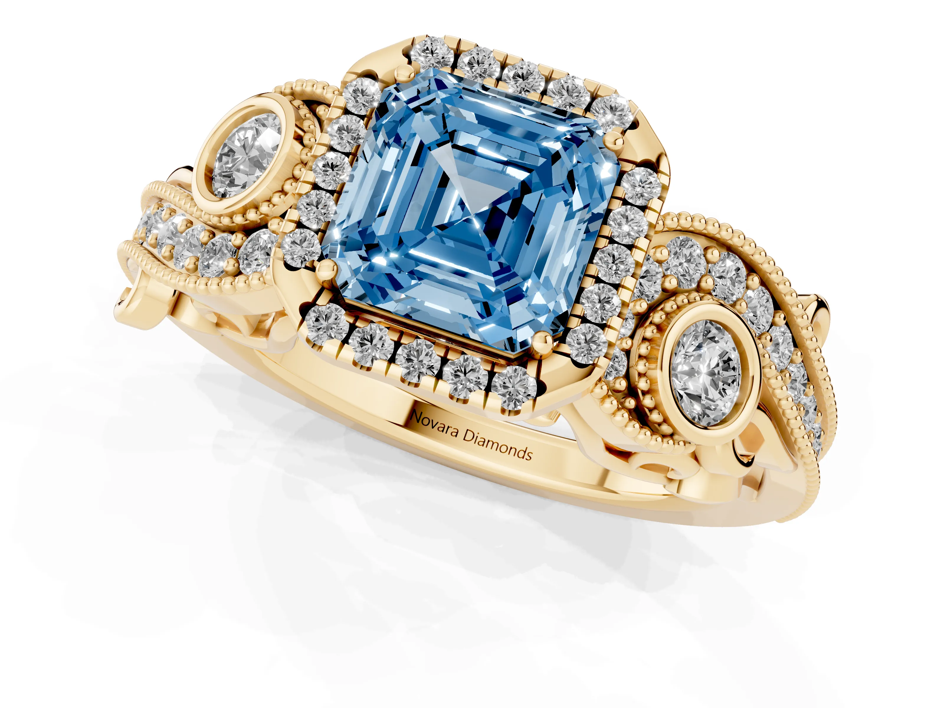 Fancy Blue Asscher Cut Diamond Halo Ring Set in Yellow gold with Milgrain Pavé Band and Prong Setting