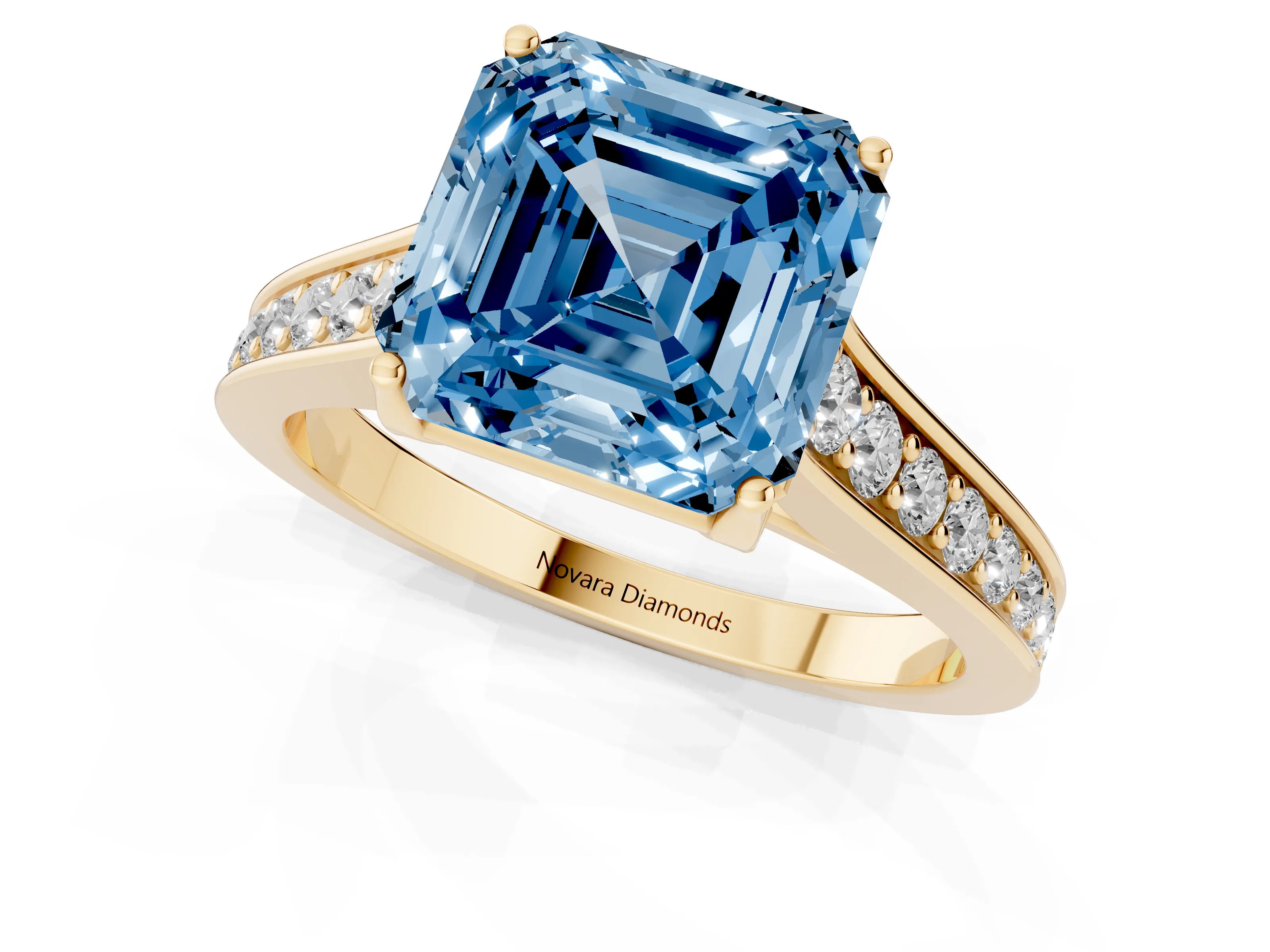 Fancy Blue Asscher Cut Diamond Solitaire Pavé Engagement Ring Set in Yellow gold with Prong Setting