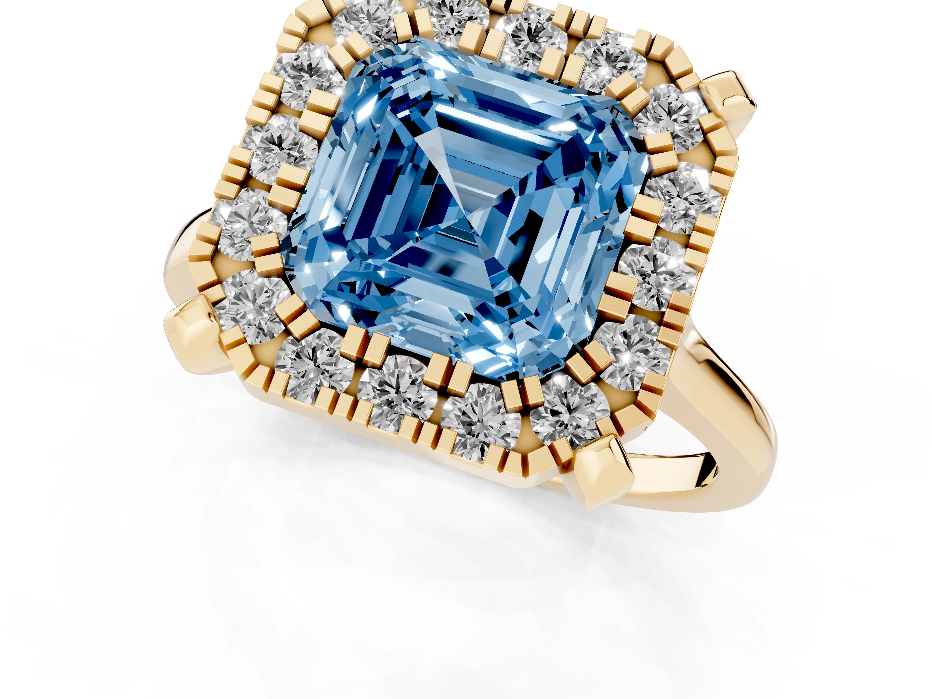 Fancy Blue Asscher Cut Diamond Cluster Halo Solitaire Ring Set in Yellow gold with Prong Setting