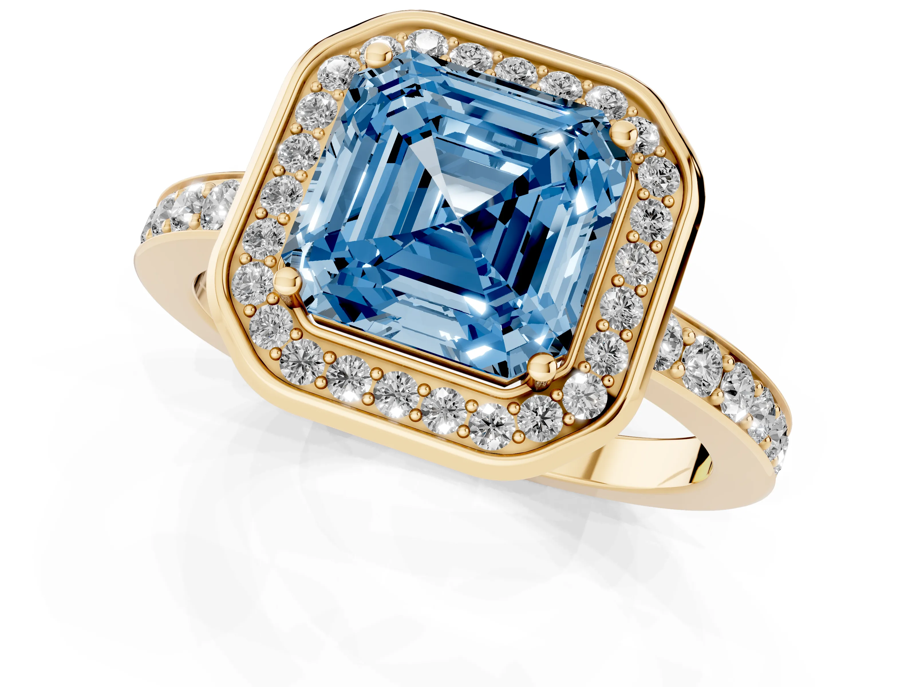 Fancy Blue Asscher Cut Diamond Halo Ring Set in Yellow gold with Bezel Frame and Pavé Band