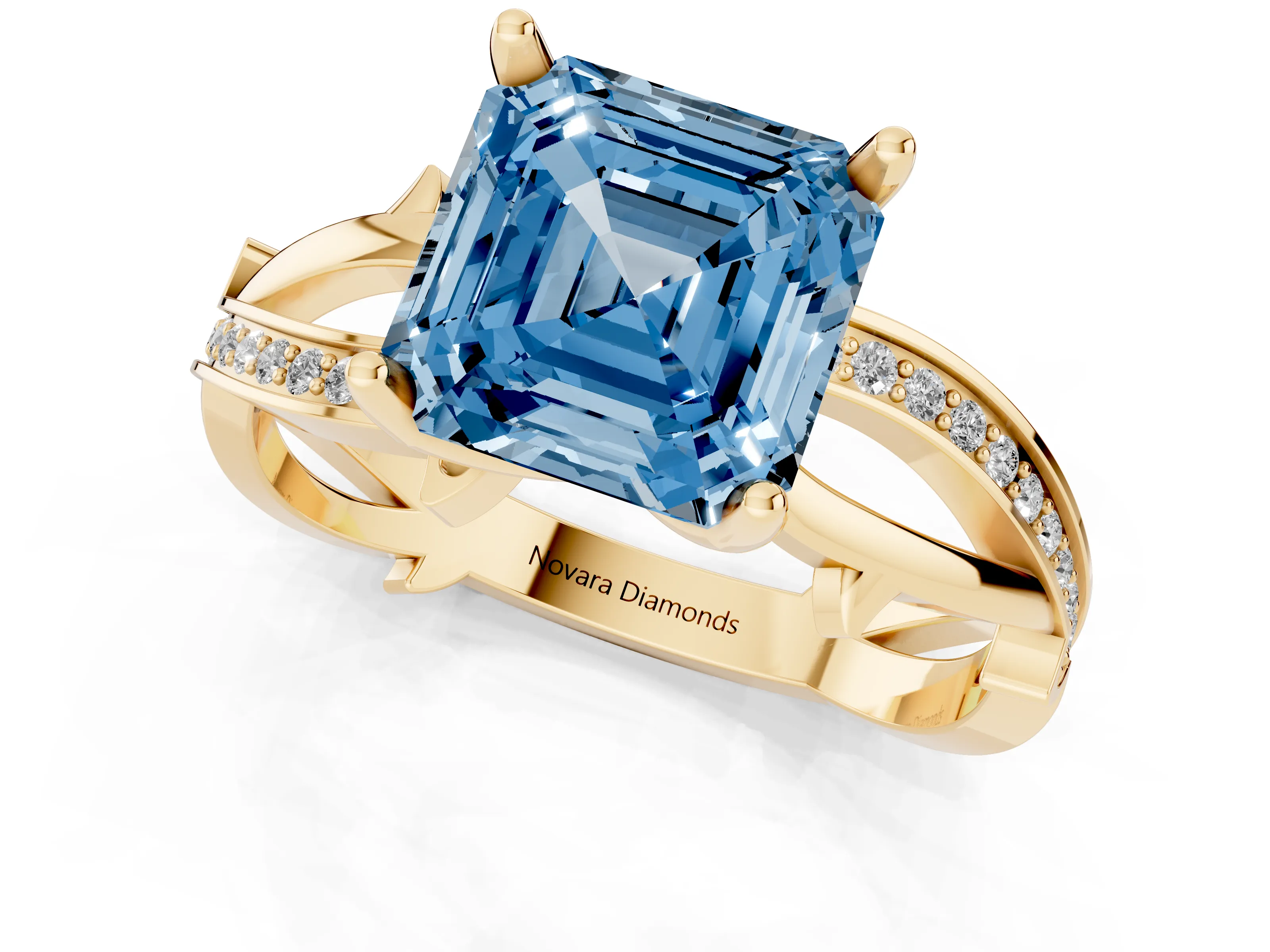 Fancy Blue Asscher Cut Diamond Pavé Twist Band Solitaire Ring Set in Yellow gold with Prong Setting