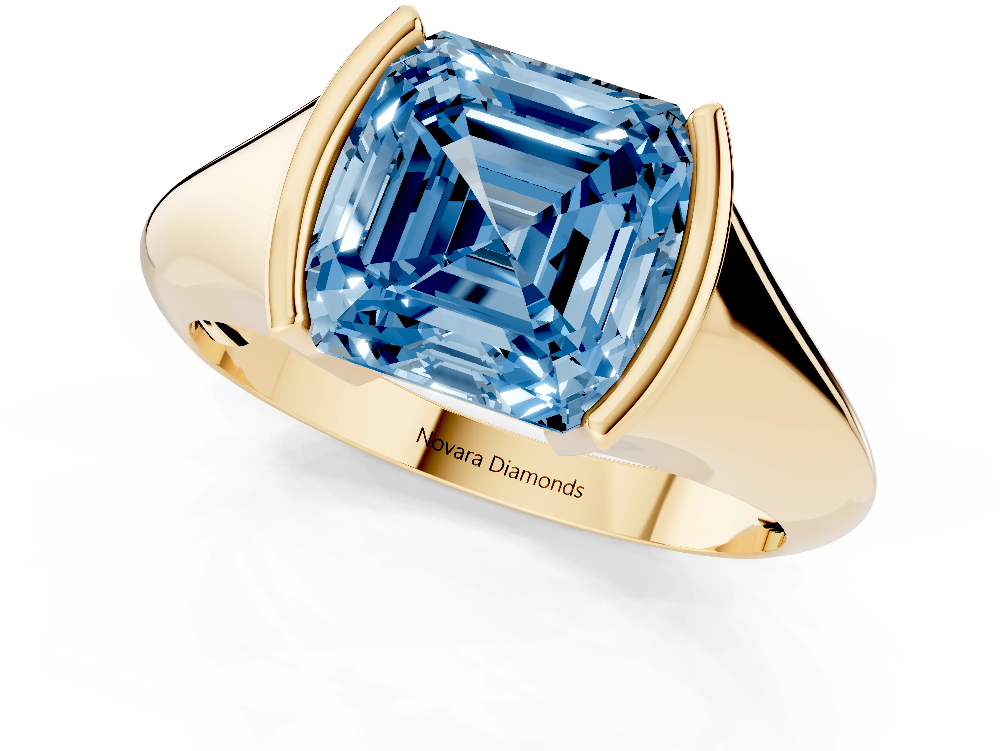 Fancy Blue Asscher Cut Diamond Solitaire Tension Set Ring Set in Yellow gold