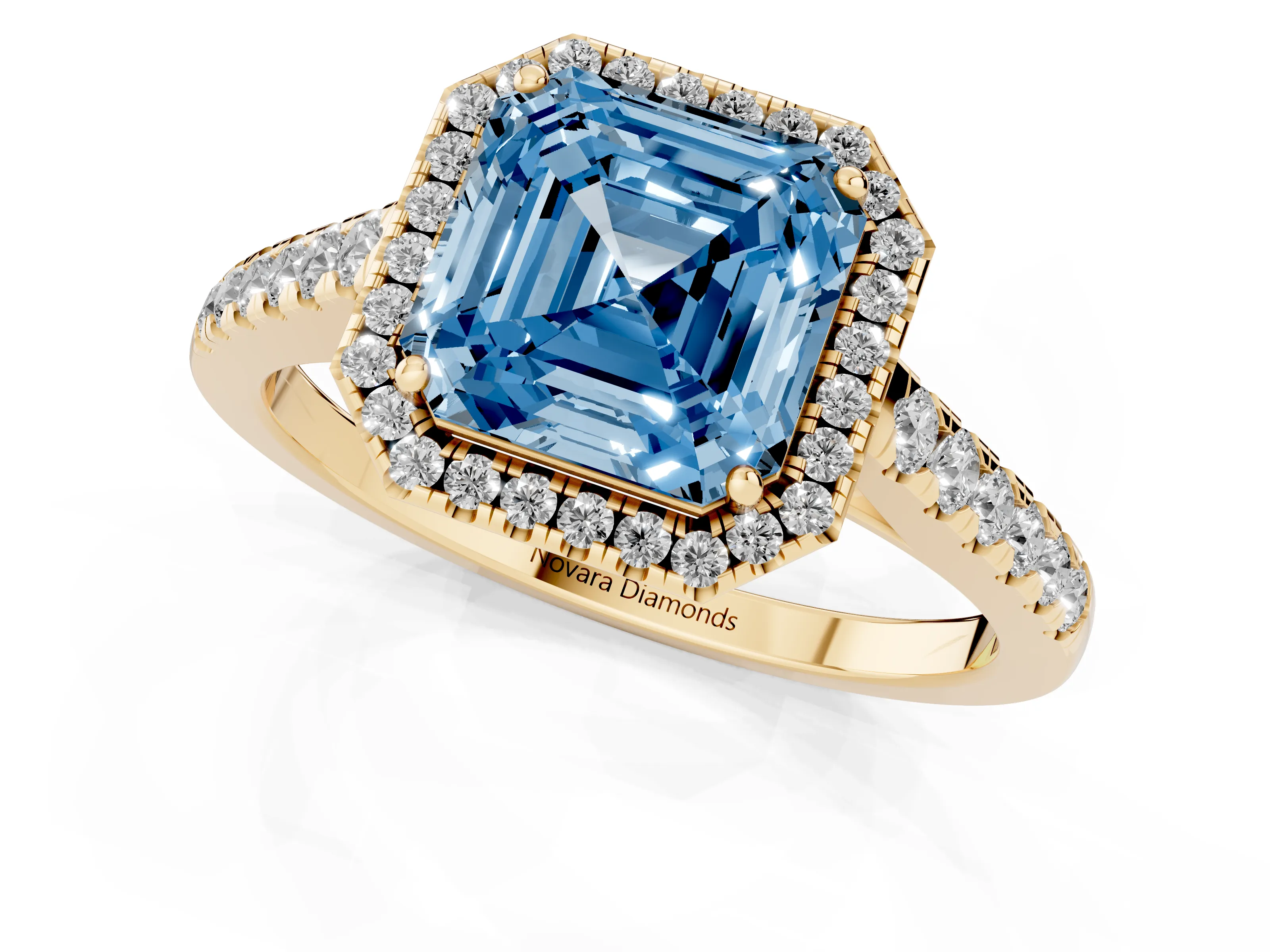 Fancy Blue Asscher Cut Diamond Halo Pavé Engagement Ring Set in Yellow gold with Prong Setting