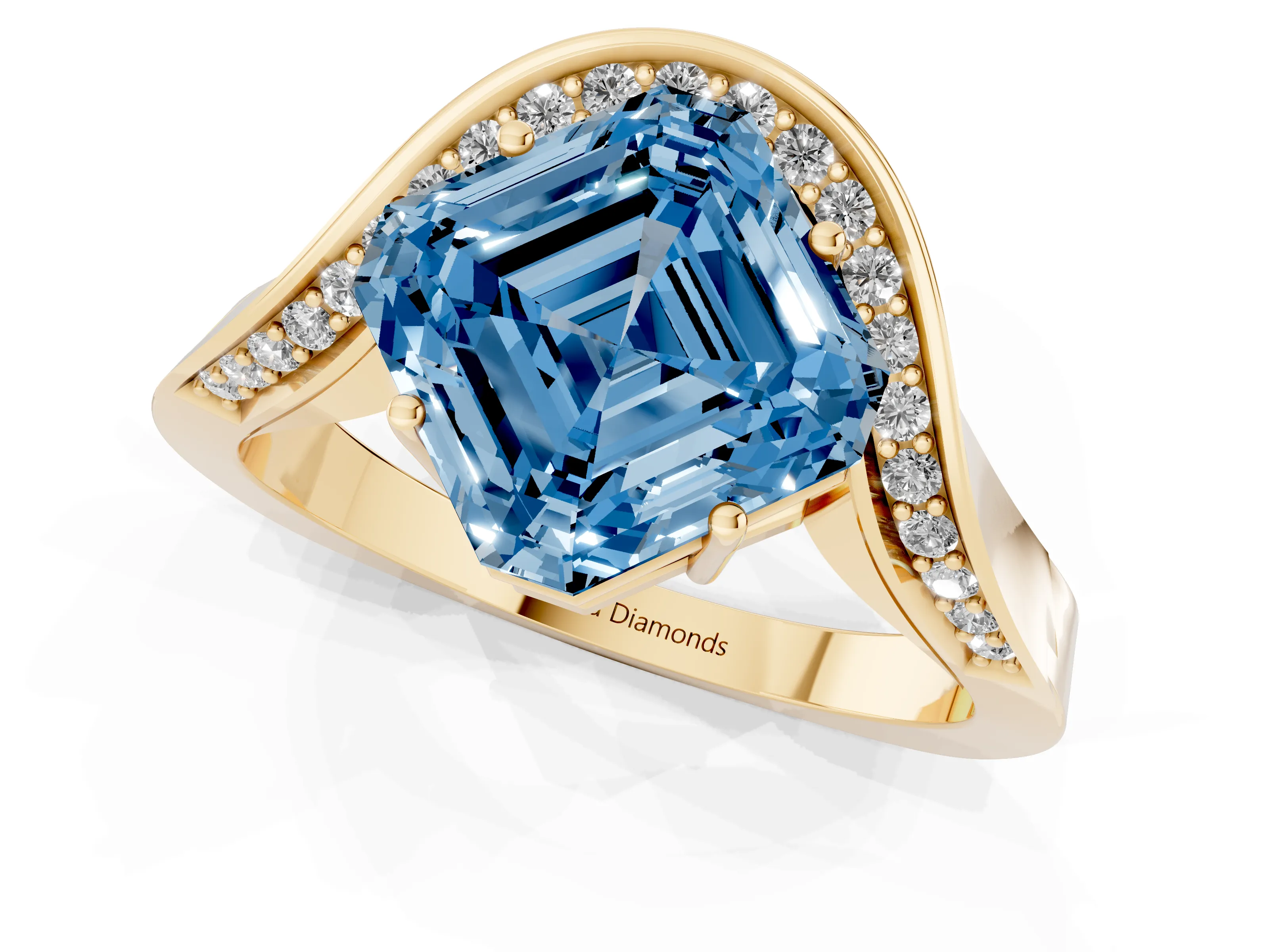 Fancy Blue Asscher Cut Diamond Solitaire Engagement Ring Set in Yellow gold with Pavé Shoulders