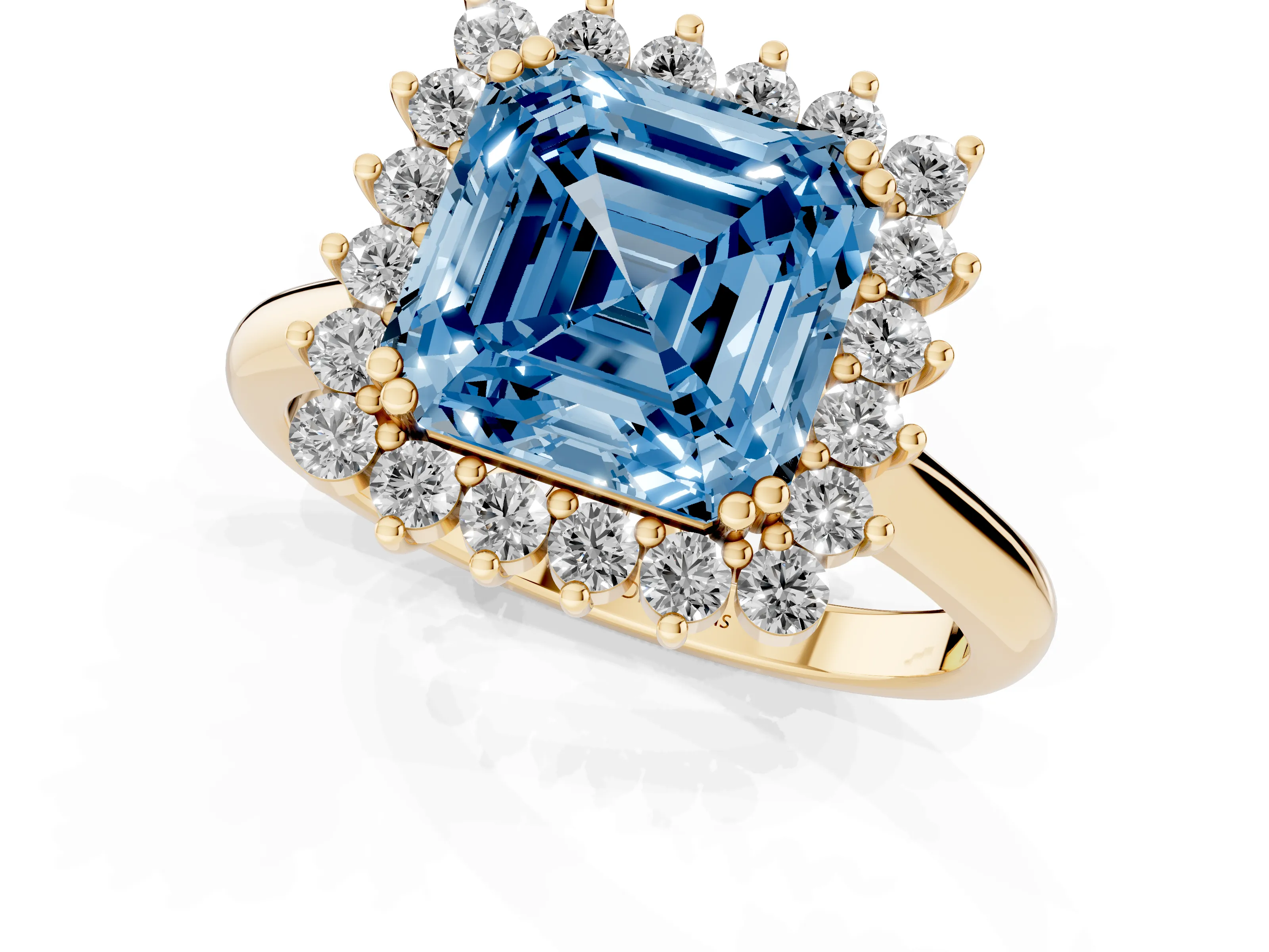 Fancy Blue Asscher Cut Diamond Halo Ring Set in Yellow gold with Plain Solitaire Band and Prong Setting