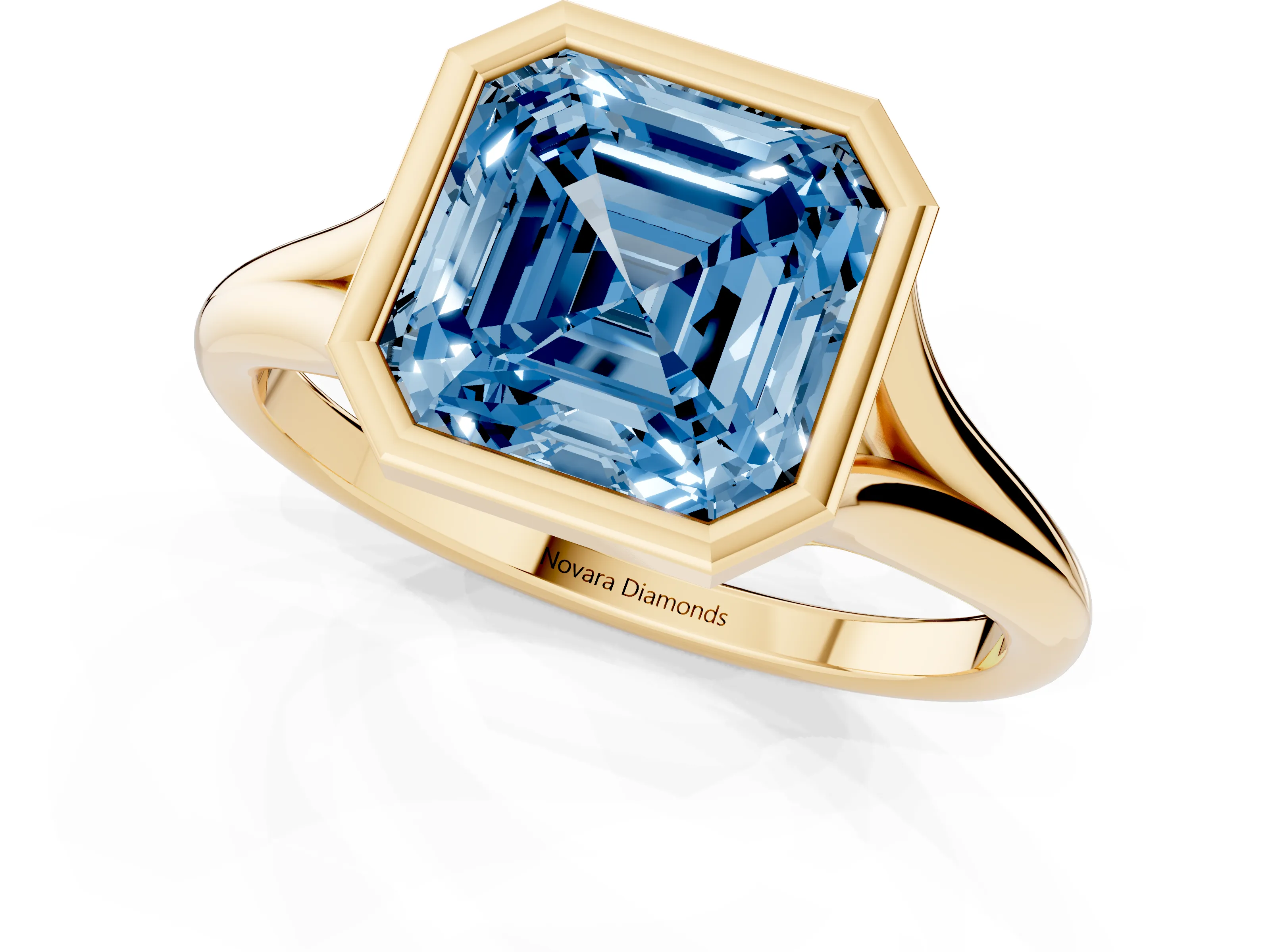 Fancy Blue Bezel Set Asscher Cut Diamond Solitaire Ring Set in Yellow gold with Tapered Band
