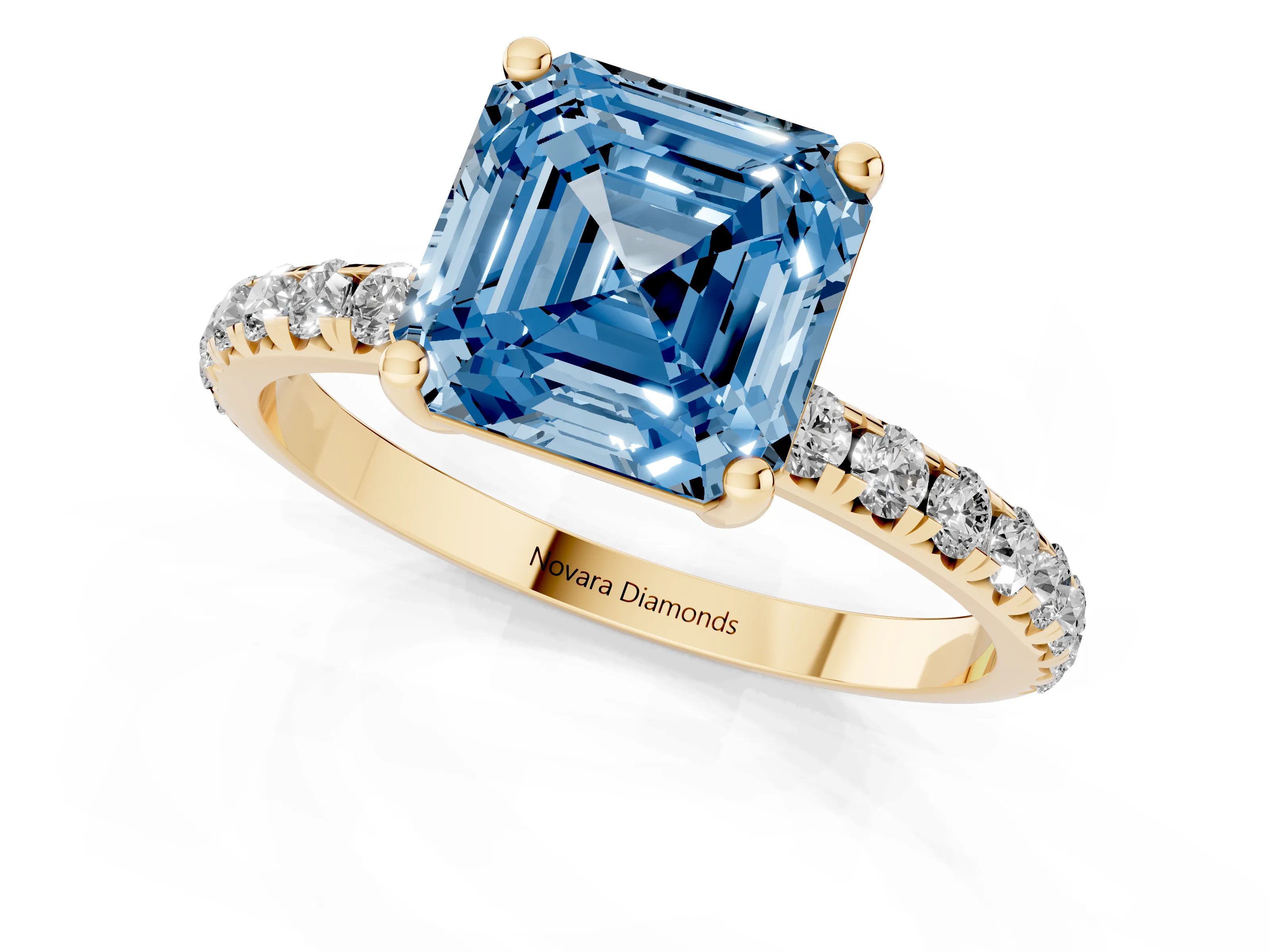 Fancy Blue Asscher Cut Diamond Solitaire Ring Set in Yellow gold with Micro Pavé Band and Prong Setting