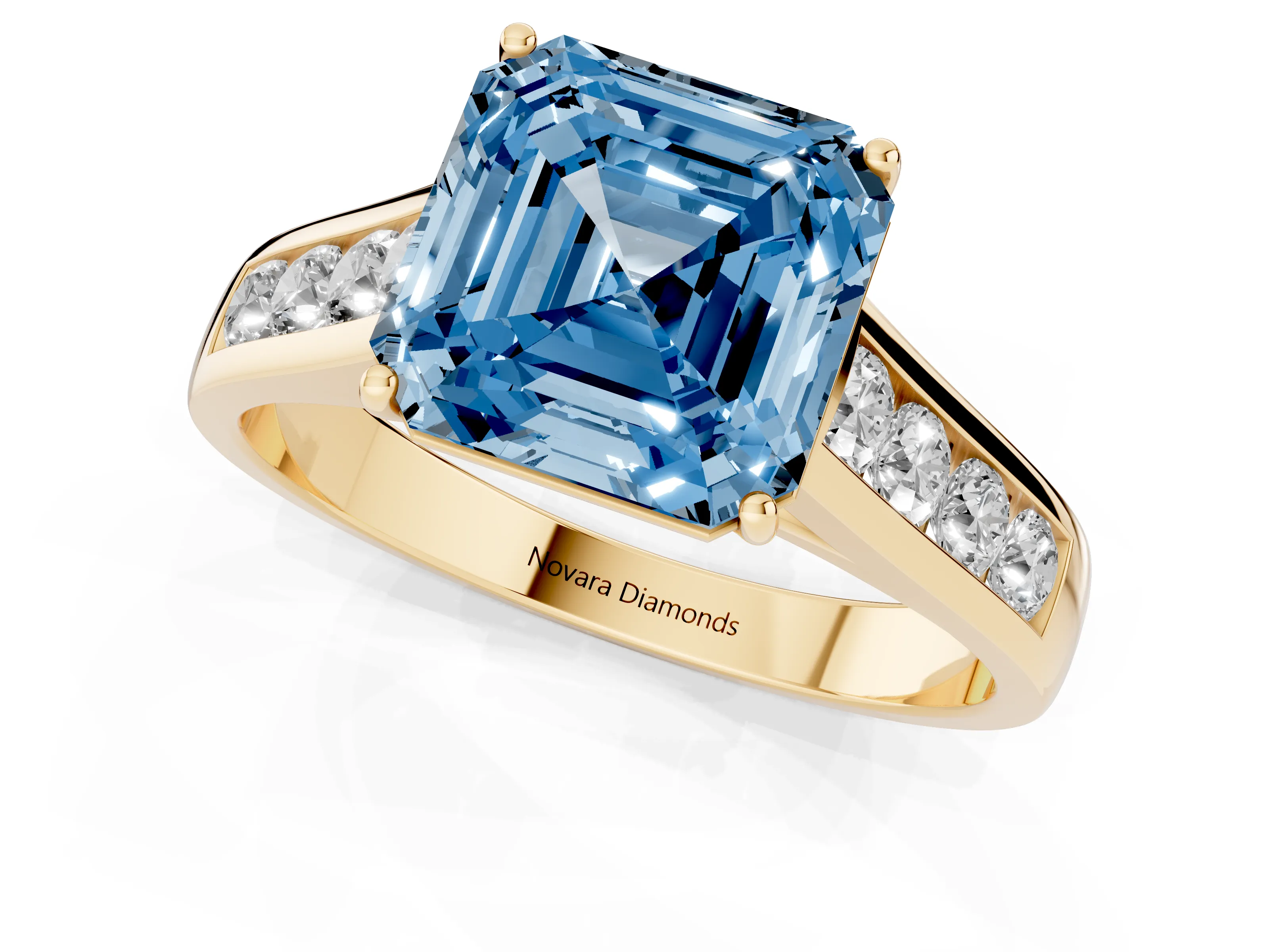 Fancy Blue Asscher Cut Diamond Brilliant Channel-Set Solitaire Ring Set in Yellow gold with Prong Setting