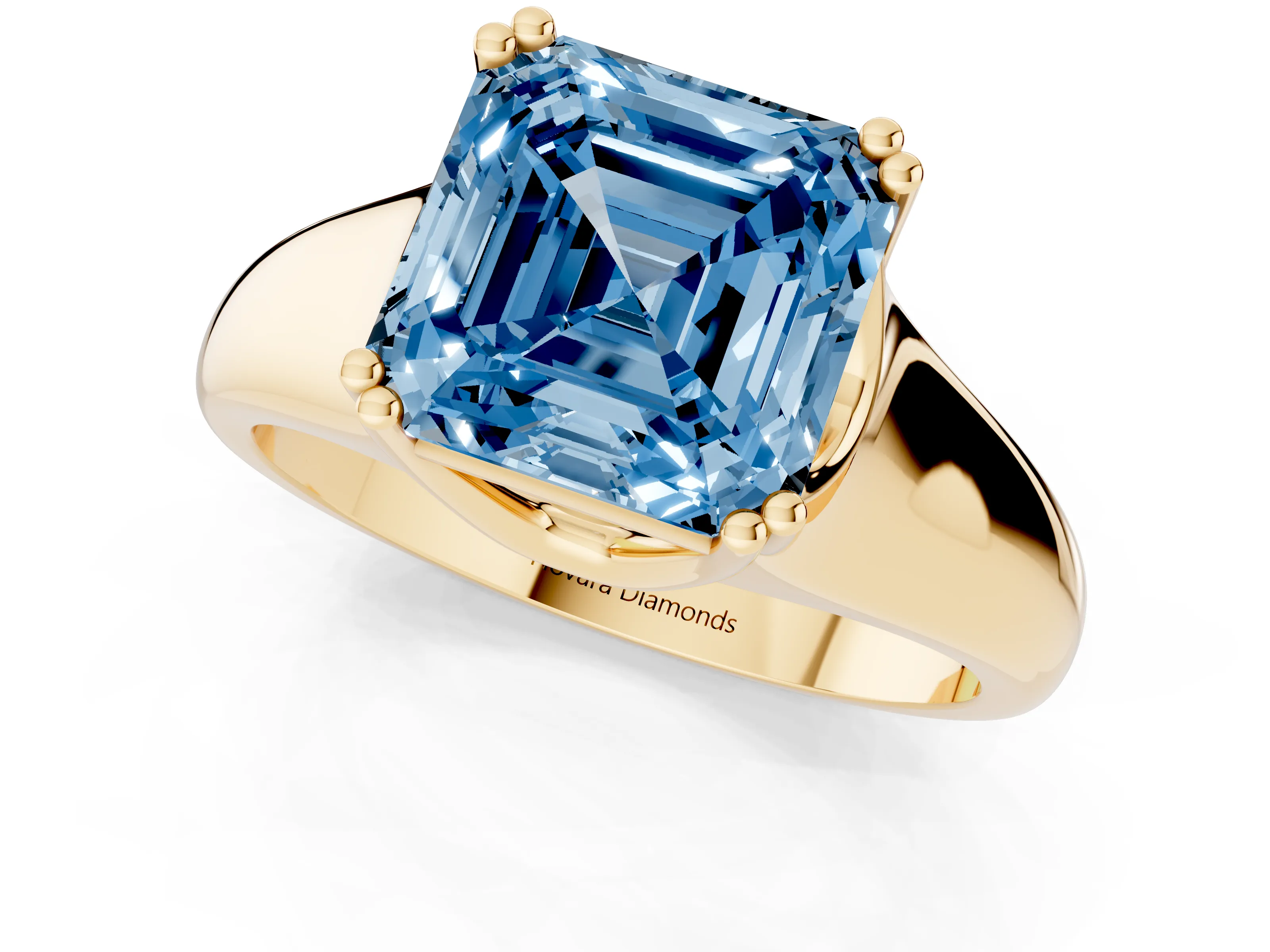 Fancy Blue Asscher Cut Diamond Solitaire Ring Set in Yellow gold with Wide Band and Prong Setting