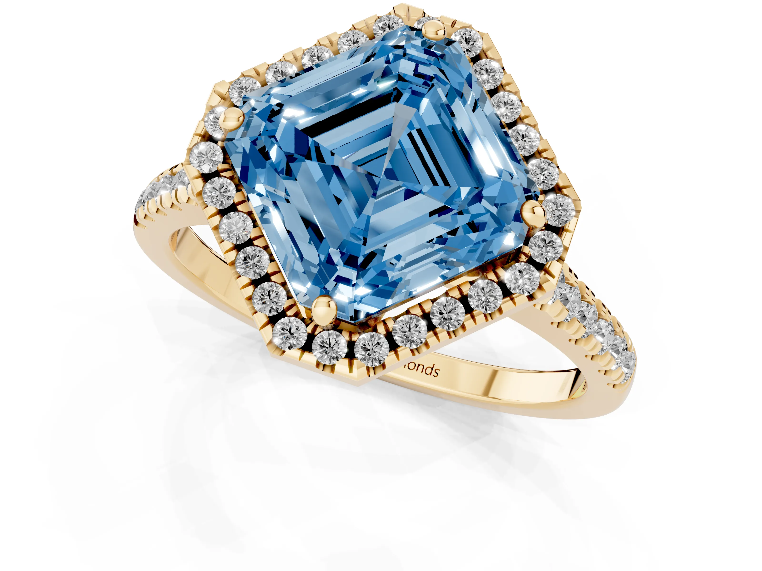 Fancy Blue Asscher Cut Diamond Cushion Halo Ring Set in Yellow gold with Pavé Band