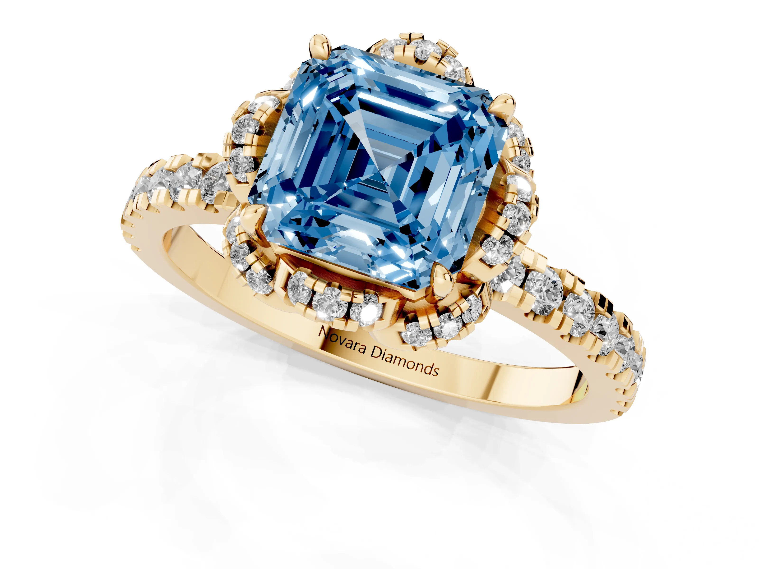 Fancy Blue Asscher Cut Diamond Halo Pavé Band Ring Set in Yellow gold with Prong-Held Center