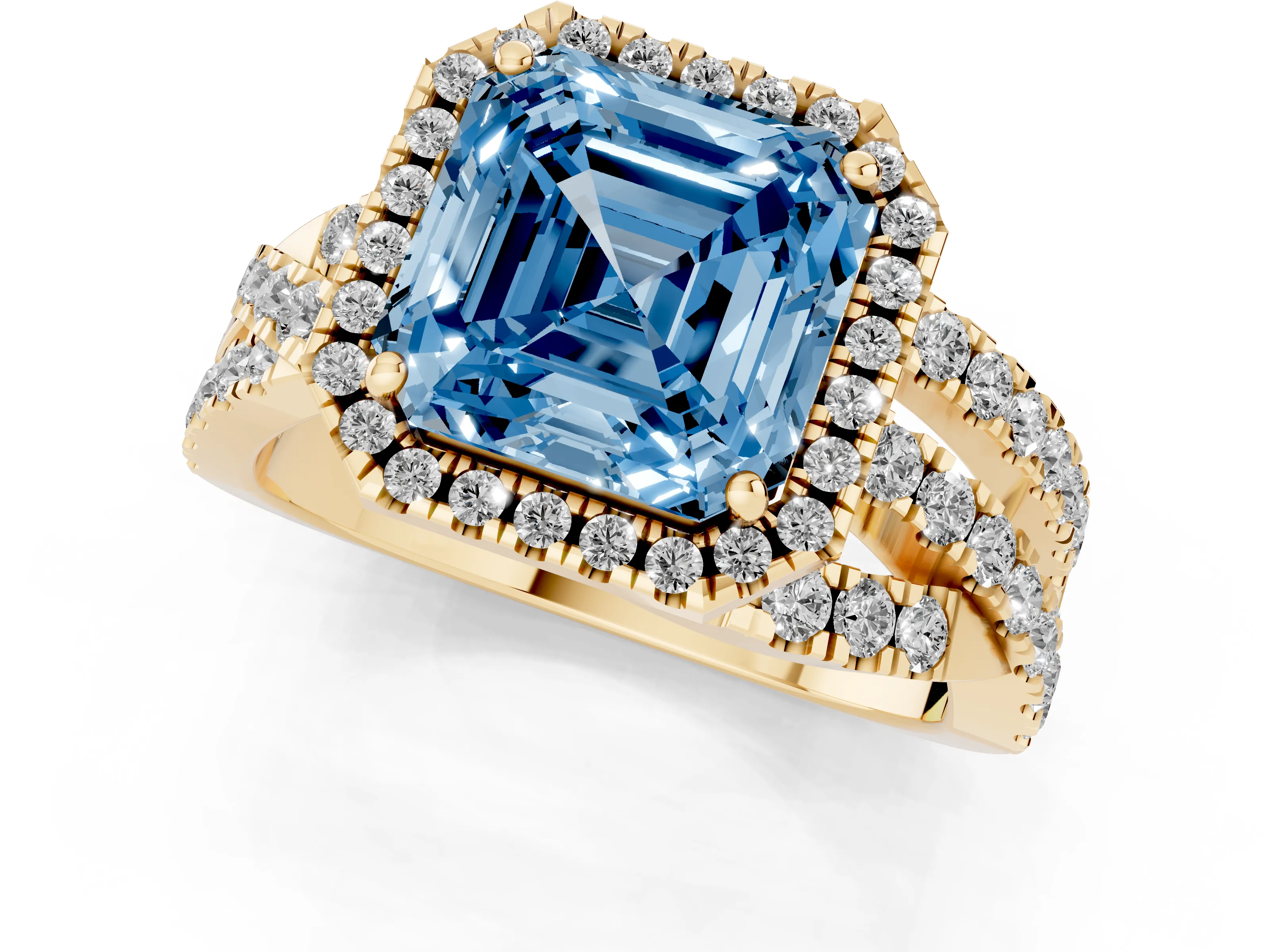 Fancy Blue Asscher Cut Diamond Halo Ring Set in Yellow gold with Round Crossover Split Shank and Prong Setting