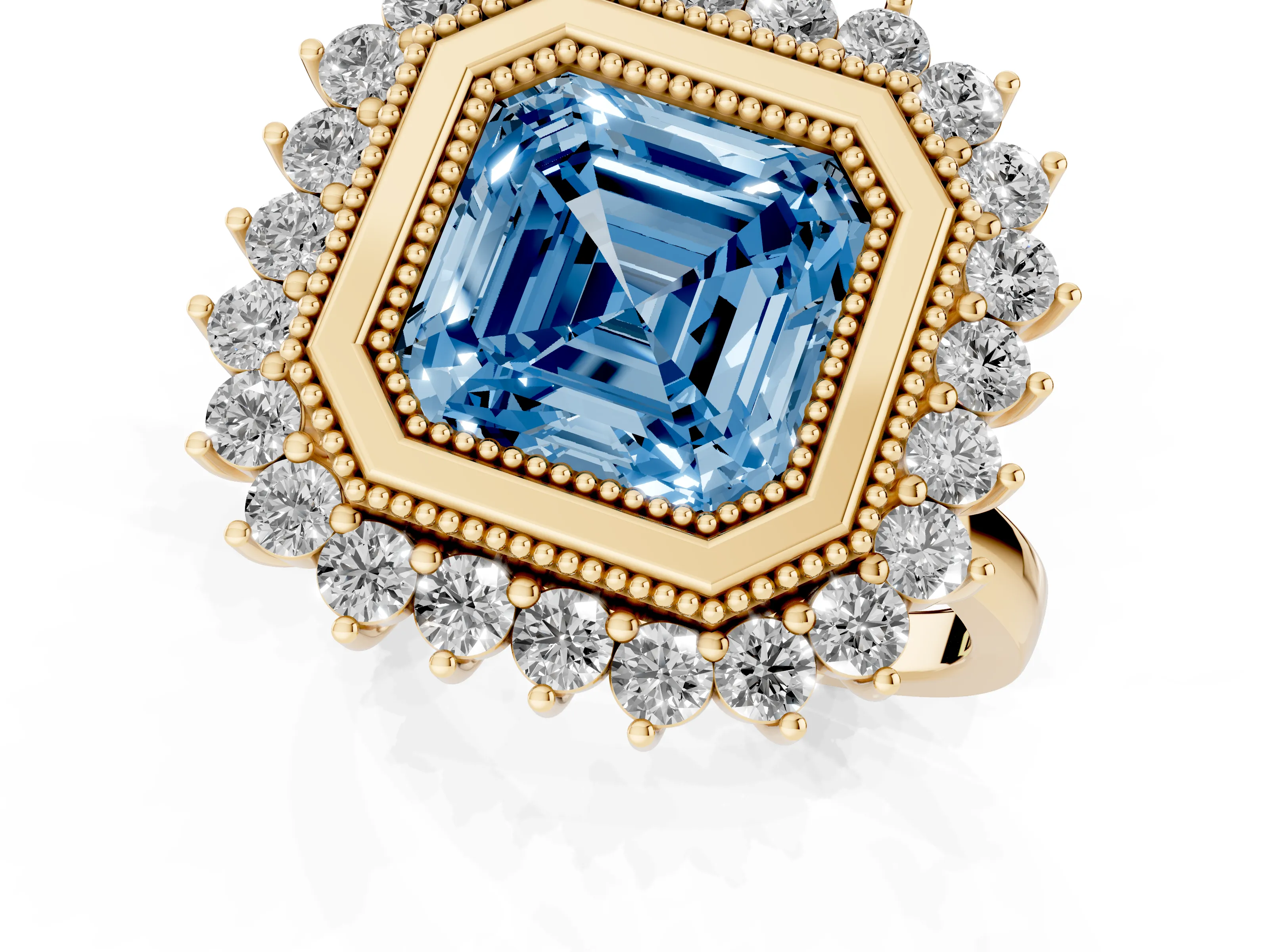 Fancy Blue Asscher Cut Diamond Halo Ring Set in Yellow gold with Milgrain Edge and Round Prong Setting