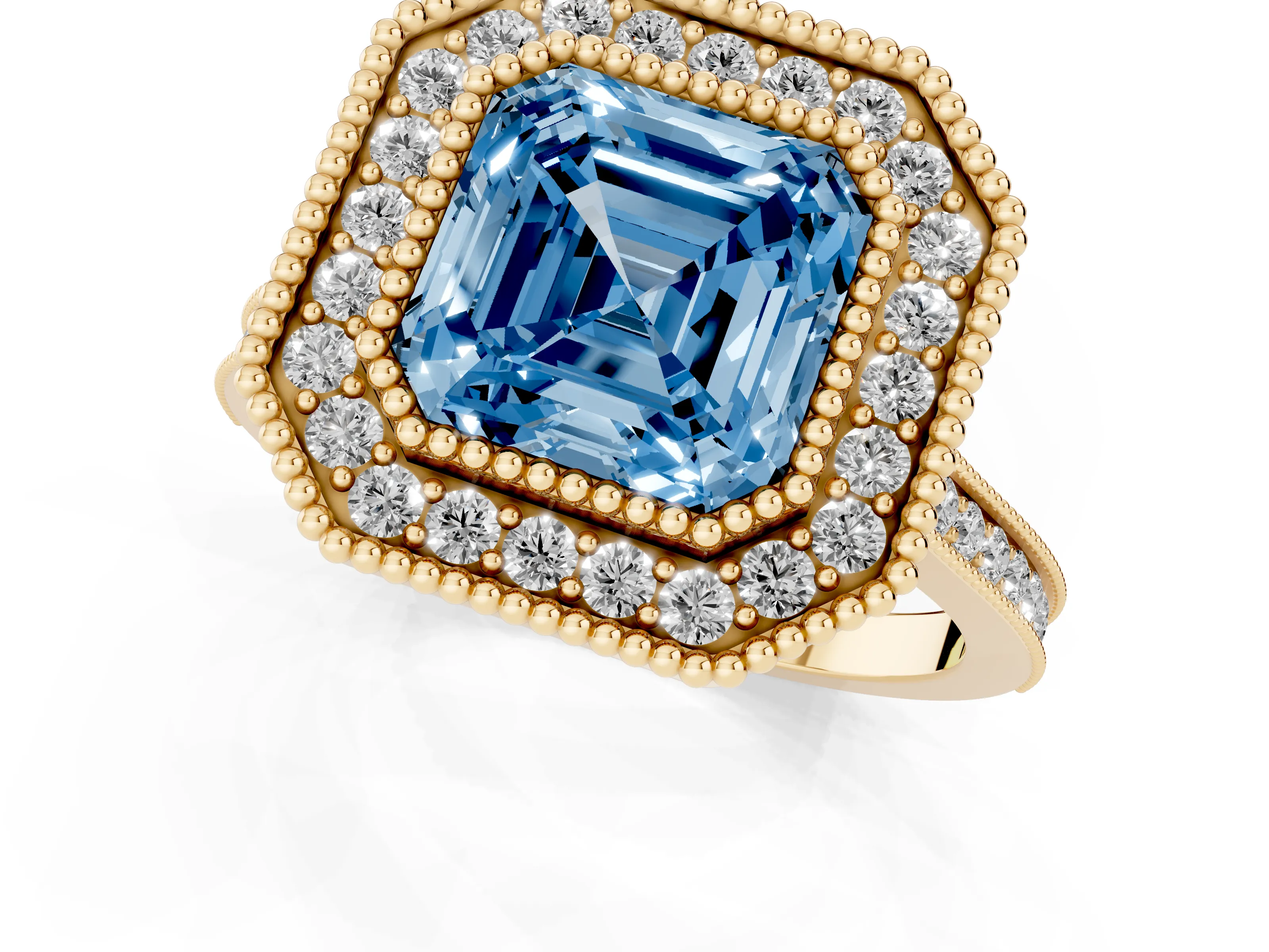Fancy Blue Asscher Cut Diamond Halo Ring Set in Yellow gold with Milgrain Frame and Pavé Band