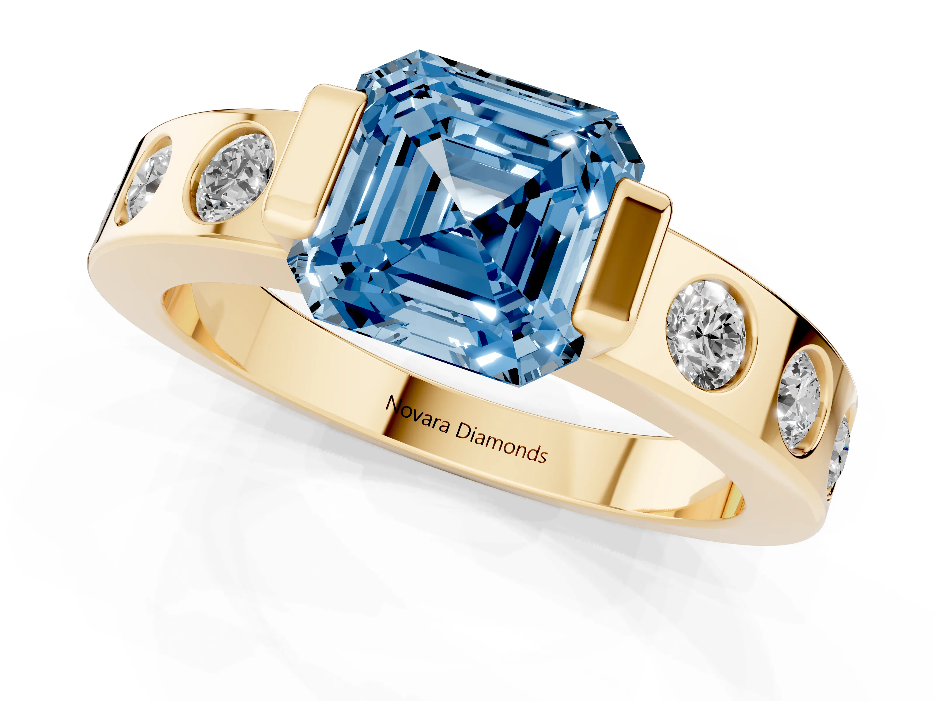 Fancy Blue Asscher Cut Diamond Channel-Set Band Ring Set in Yellow gold with Bezel Prong Setting