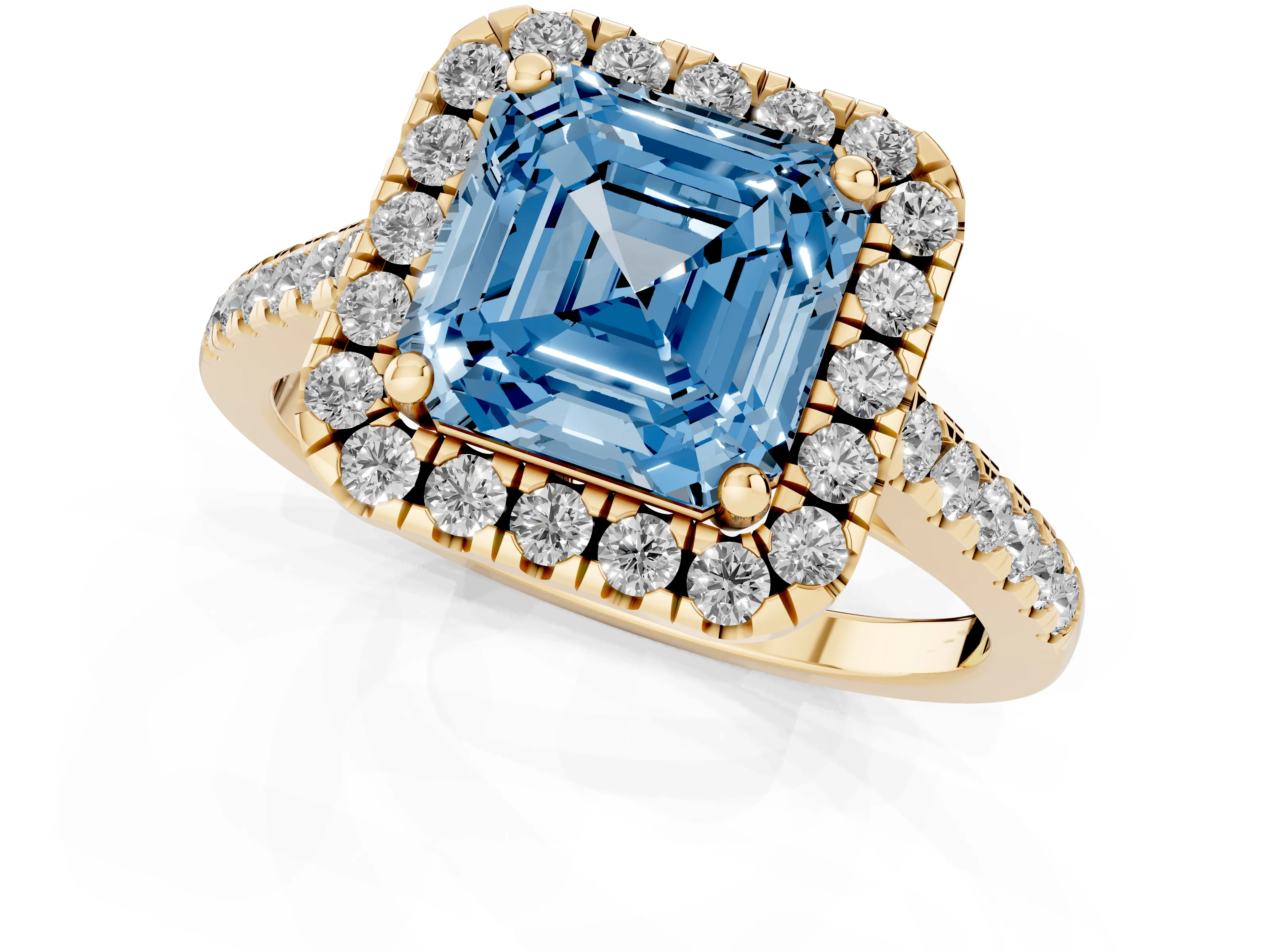 Fancy Blue Asscher Cut Diamond Pavé Halo Engagement Ring Set in Yellow gold with Pavé Band and Prong Setting
