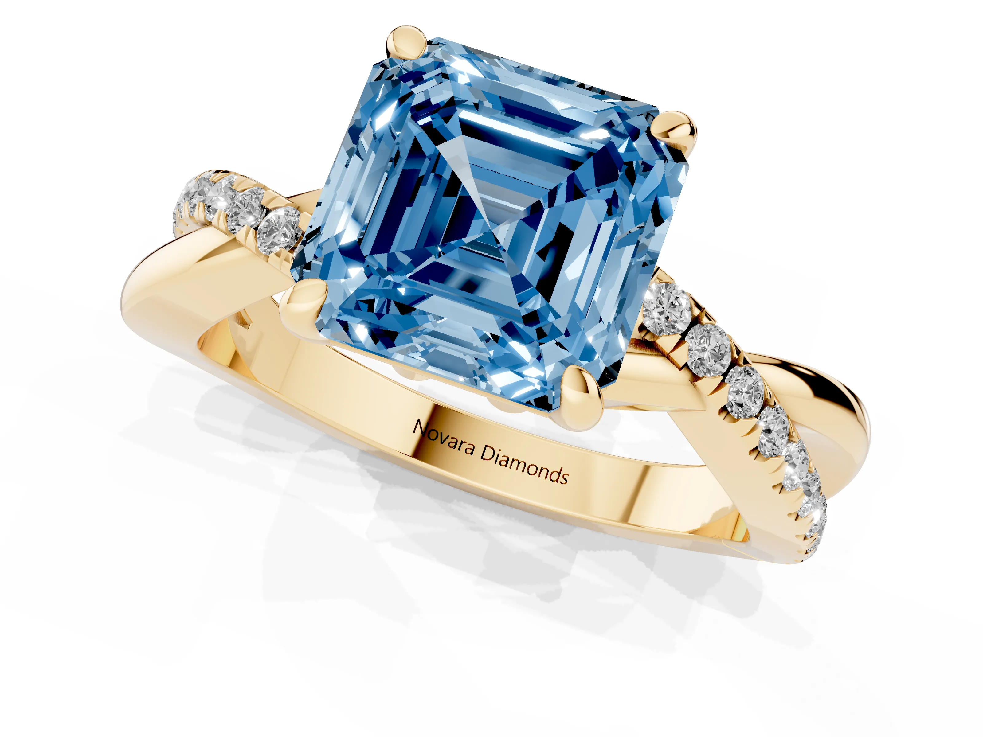 Fancy Blue Asscher Cut Diamond Twist Band Pavé Solitaire Ring Set in Yellow gold with Prong Setting
