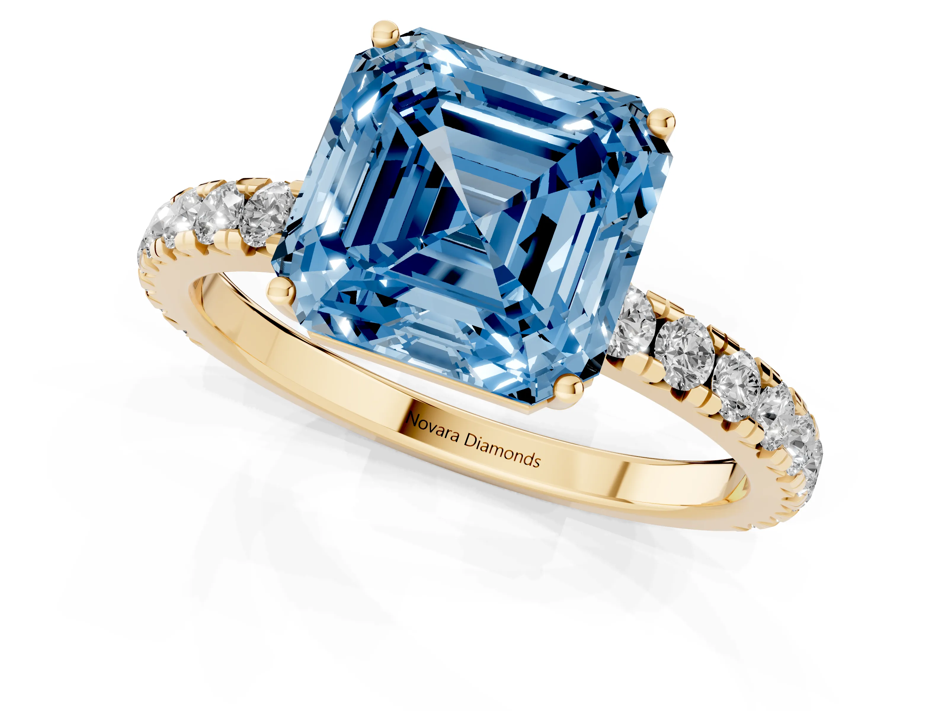 Fancy Blue Asscher Cut Diamond Pavé Solitaire Engagement Ring Set in Yellow gold with Prong Setting