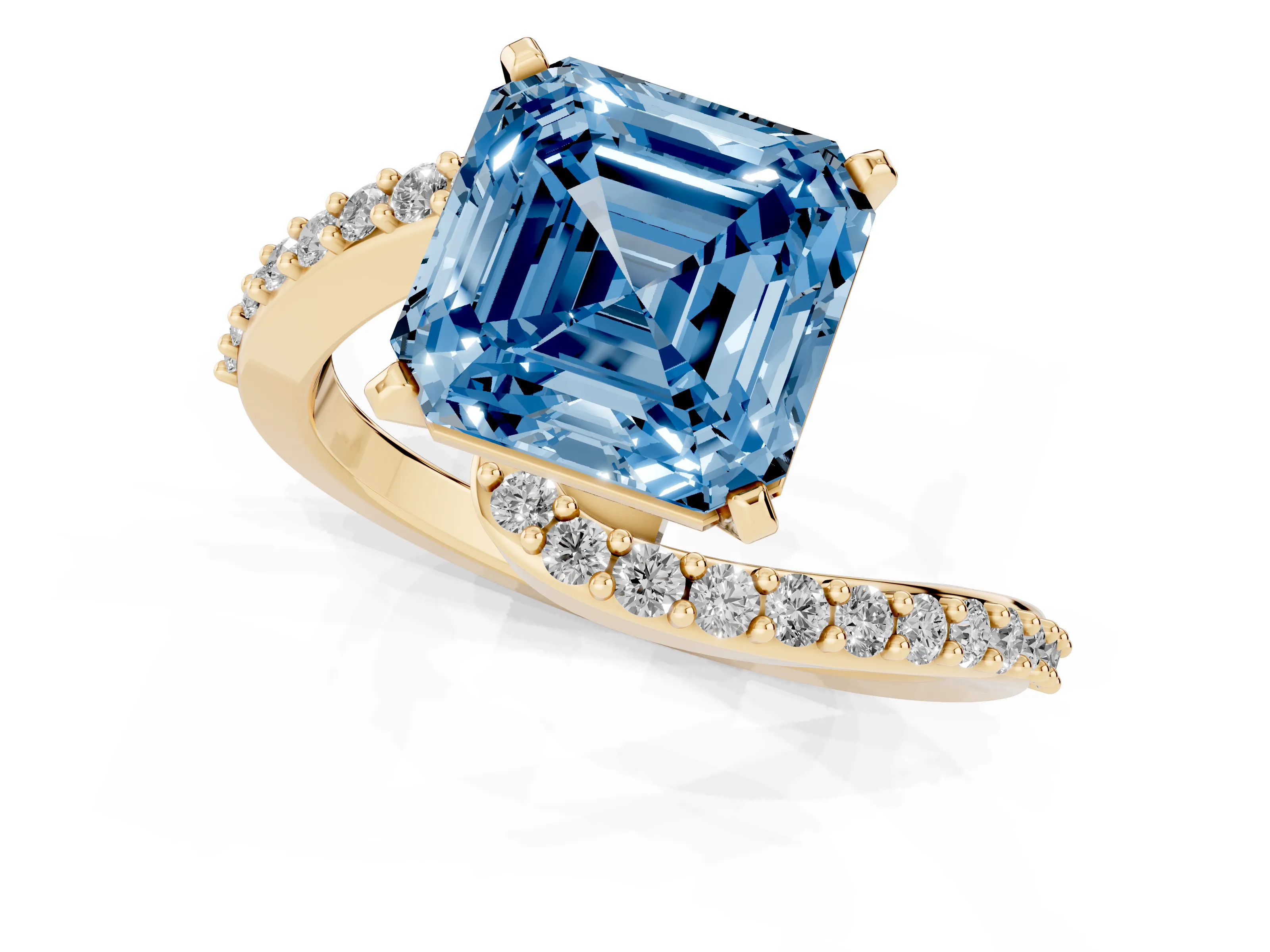 Fancy Blue Asscher Cut Diamond Solitaire Ring Set in Yellow gold with Pavé Twist Band and Prong Setting