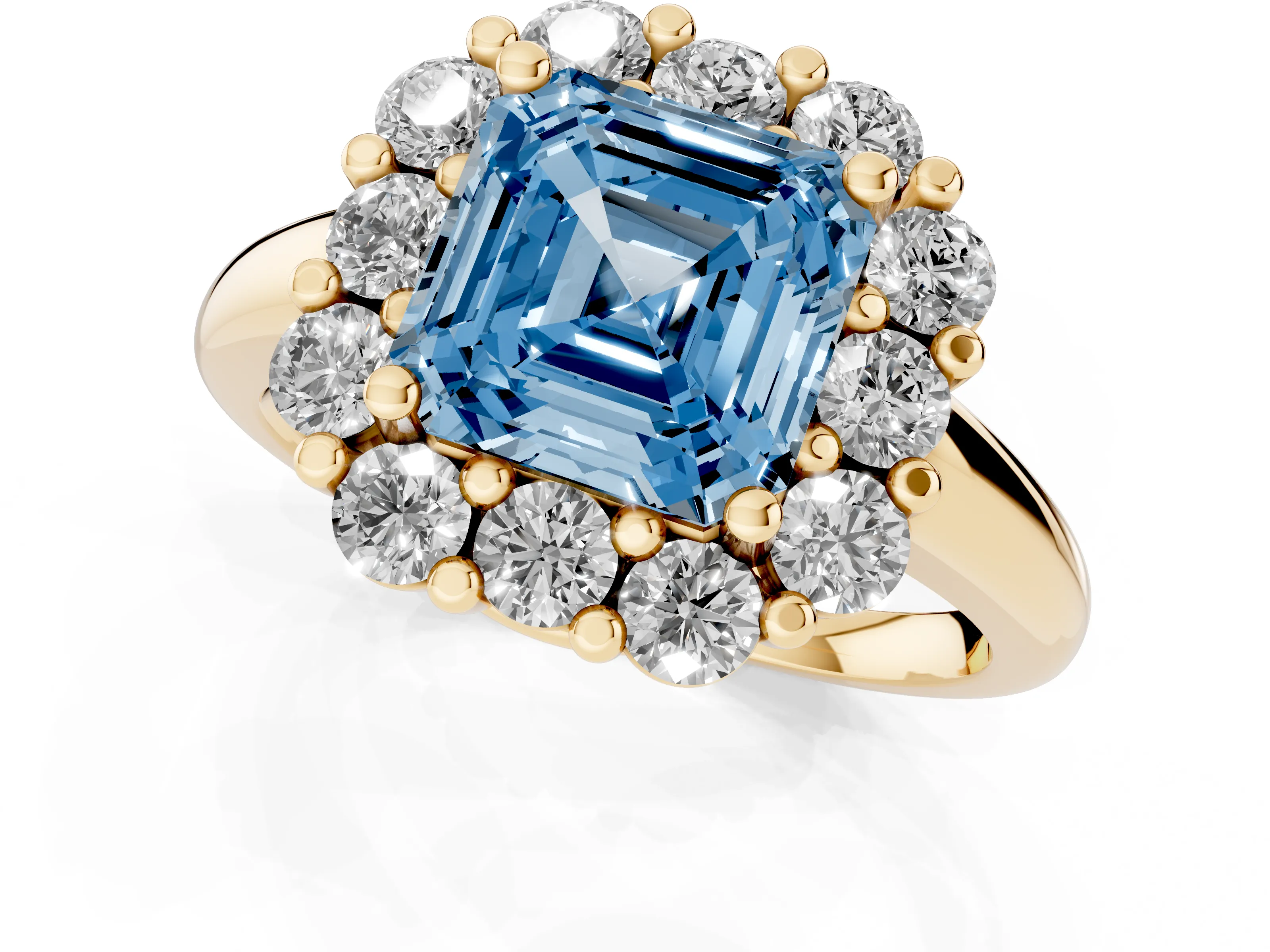 Fancy Blue Asscher Cut Diamond Halo Cluster Engagement Ring Set in Yellow gold with Polished Band and Prong Setting