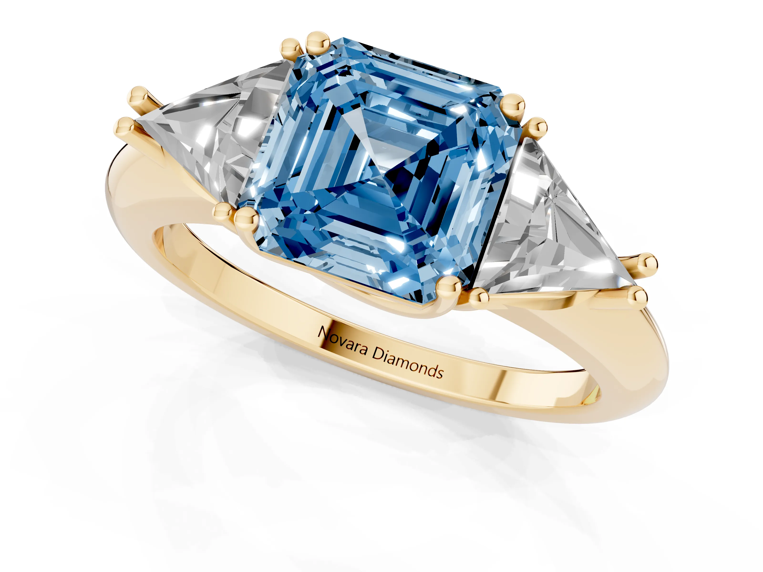 Fancy Blue Asscher Cut Diamond Three-Stone Engagement Ring Set in Yellow gold with Trillion Side Stones