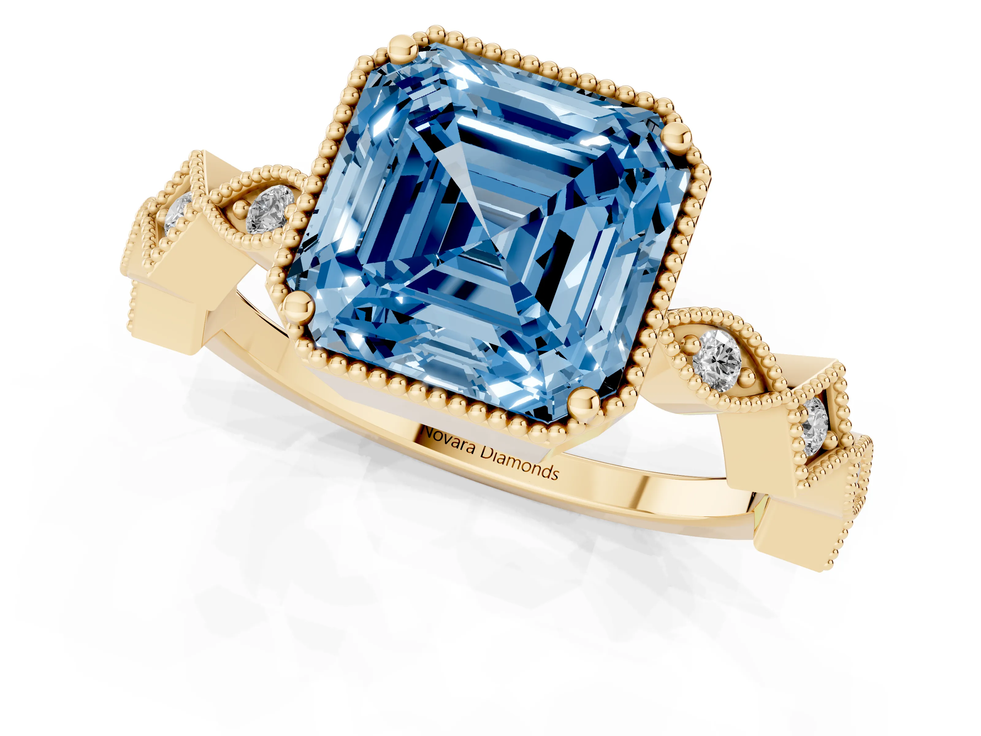 Fancy Blue Asscher Cut Diamond Milgrain Marquise Twist Band Ring Set in Yellow gold with Prong Setting