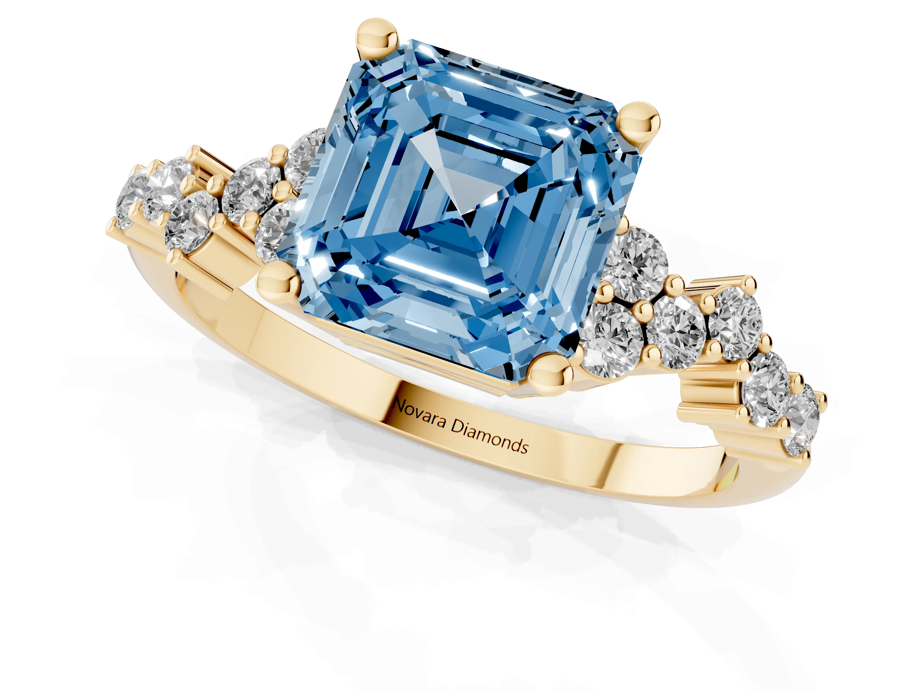 Fancy Blue Asscher Cut Diamond Ring Set in Yellow gold with Scattered Round Accents